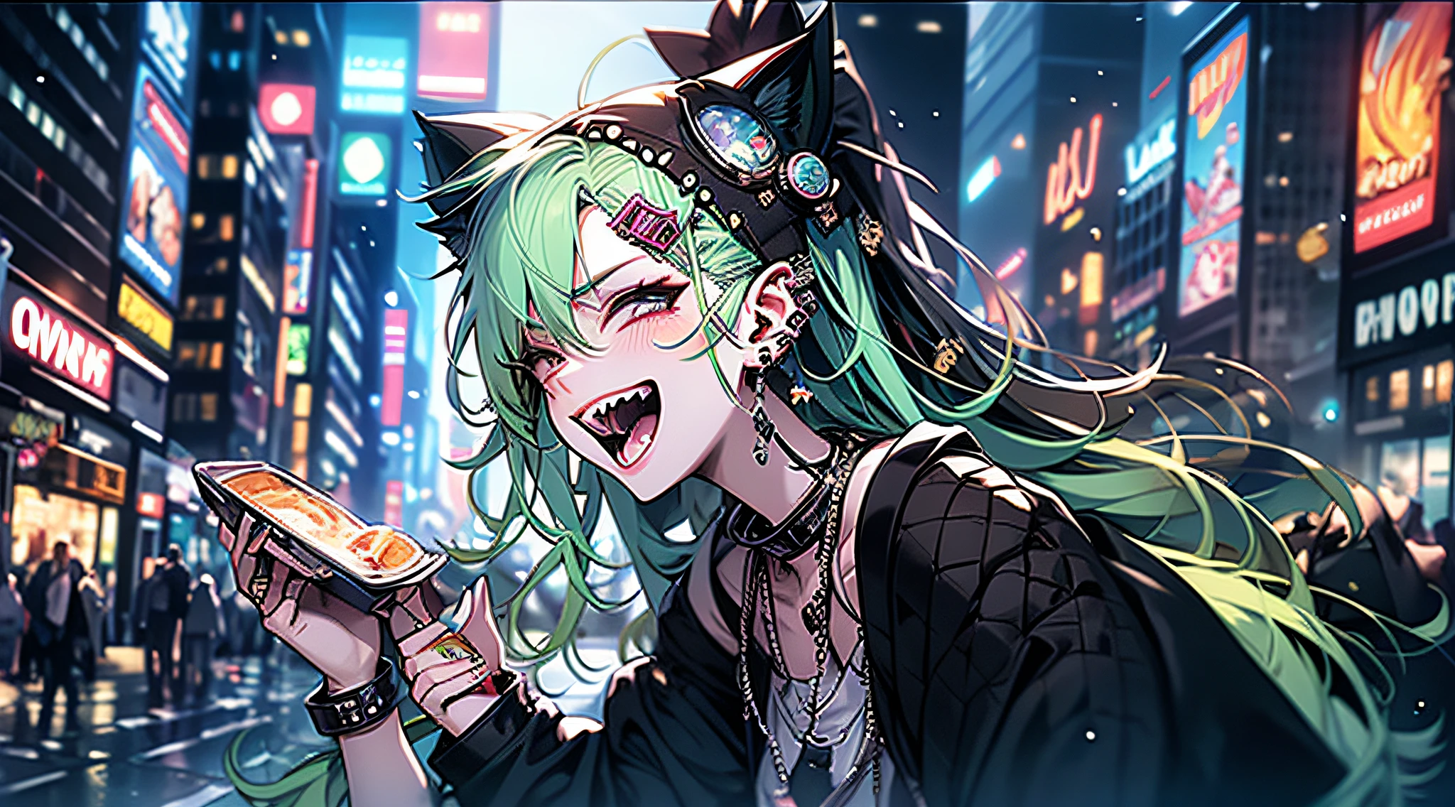 Green hair,top-quality、face perfect、perfect bodies、A little tear in the inner corner of the eye、yawning being、Evening background、Wearing a lot of accessories、Drink energy drinks、high-level image quality、Cat's ears。