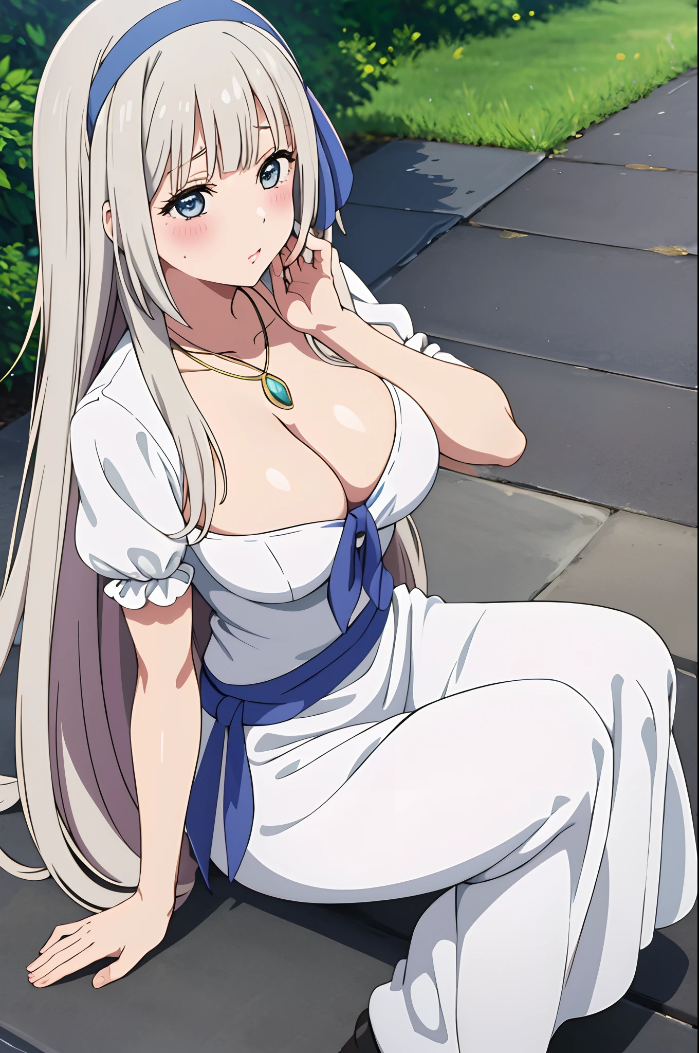 masterpiece, best quality, MyleneHFV4, 1girl, solo, dress, cleavage, jewelry, hairband, blue hairband, blush, necklace, white dress, sitting,  anime coloring, outdoors, very long hair, full body,