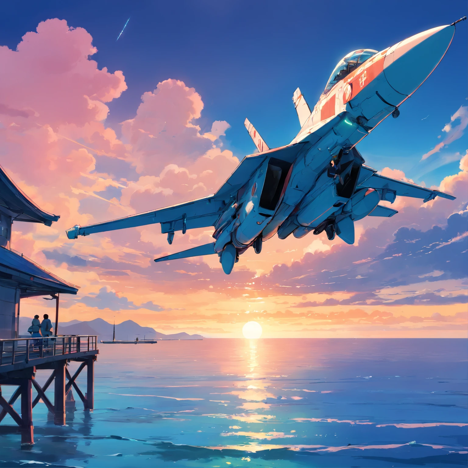 8K, Best Quality, masutepiece, Scenery,pier,wharf, Sea, seaside, utility pole, A long stone bridge stretching to the sea, a panoramic view, A (Futuristic jets) Fly over the azure sky, leaving behind two white air trails. Dark blue sky, Sunset, evening, Coral reefs by the sea,(fantasy scene),Detailed fighter,VF-25