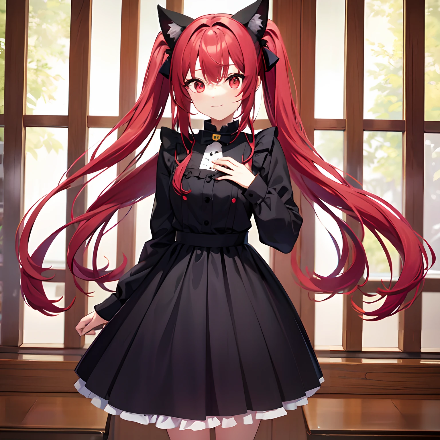 Anime filling,Two-dimensional illustration,Red hair,Half Twin Tail,shorth hair,Big eyes,A smile,a beauty girl,cute little,Super Cute,Black cat ears,Red Eyes,Ruffled Clothes,Alice in Wonderland Clothes,Inner colorGreen,One girl,Full body painting,A masterpiece of 2D art,(​masterpiece,Top image quality:1.3),(detaile:1.2),(女の子1人),Standing picture