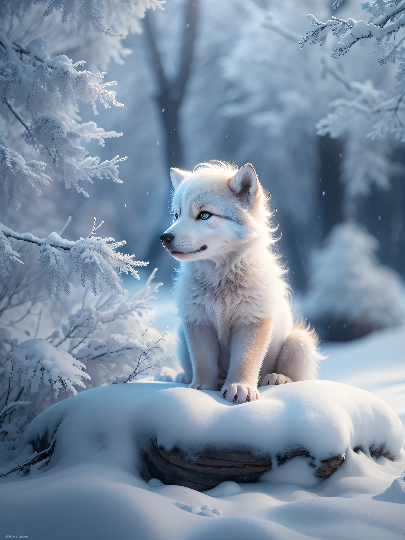 (Best quality,4K,8K,A high resolution,Masterpiece:1.2), Ultra-detailed, (Realistic,Photorealistic,photo-realistic:1.37),Magical nature,nature scenes,Award-winning photography,perfect compositions,(blue-sky,Snowy mountains in the distance,Thick snow),(A cute snow wolf cub under a big tree,hairy pubic,),(((There are many trees that are frozen,Rime,Giant rime trees,Many rime trees,Crystal clear rime))),