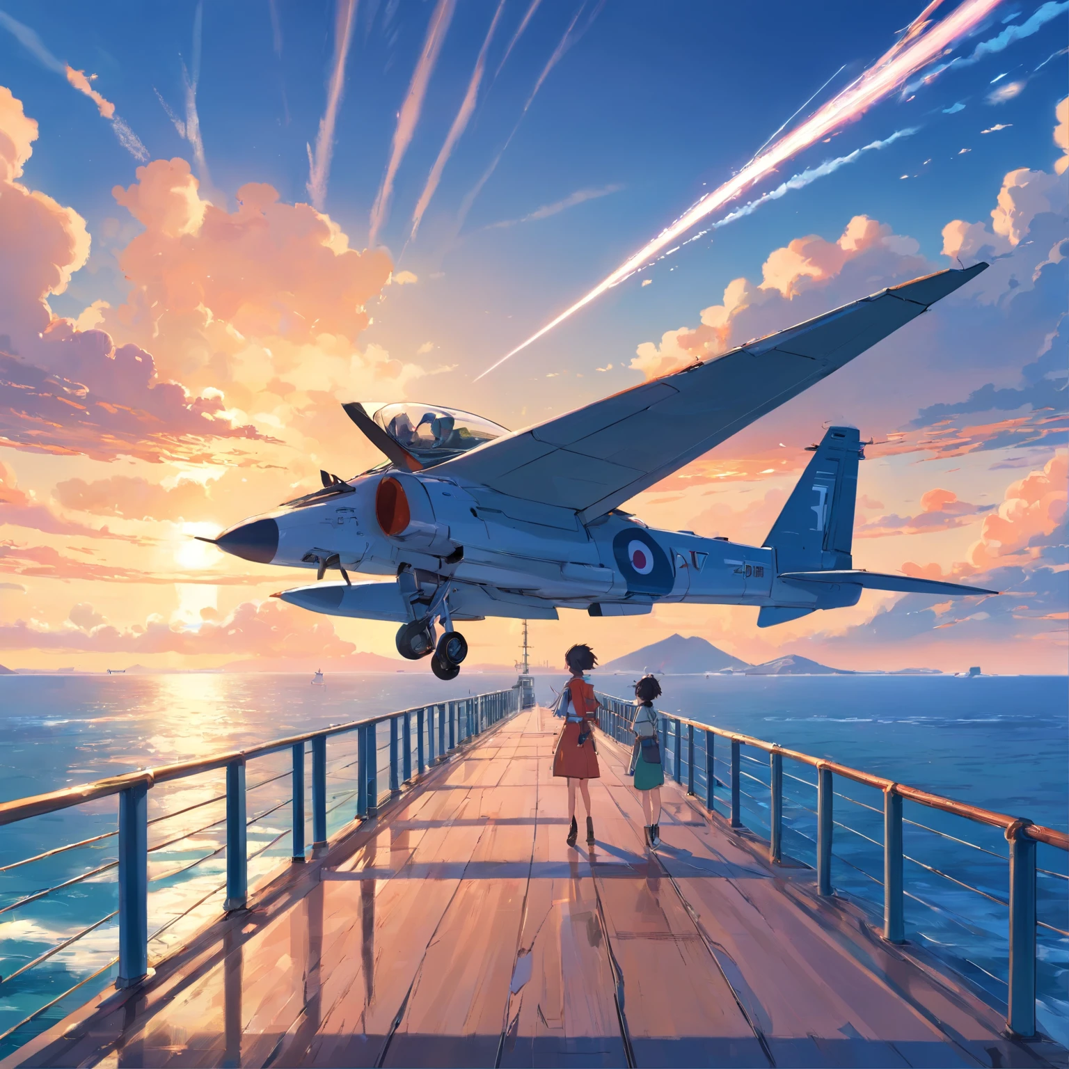 8K, Best Quality, masutepiece, Scenery,pier,wharf, Sea, seaside, utility pole, A long stone bridge stretching to the sea, a panoramic view, A (Futuristic jets) Fly over the azure sky, leaving behind two white air trails. Dark blue sky, Sunset, evening, Coral reefs by the sea,(fantasy scene),Detailed fighter,VF-25