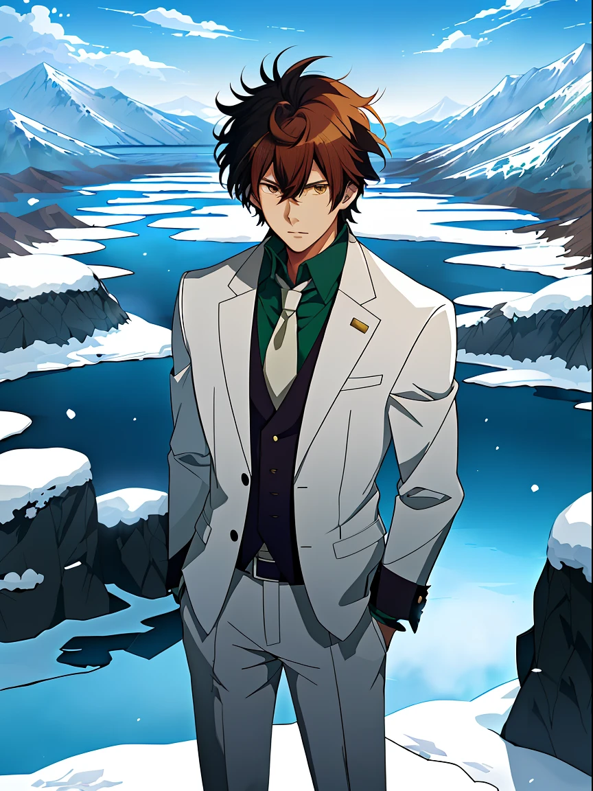 Anime image of a brown-haired man in a white suit and blue tie standing under a snowy mountain,by lake, Shinkai sincerely, New Xiangcheng, Honest, ryuta ueda artwork, offcial art, Anime handsome man, inspired by Hisui Sugiura, koyoharu gotouge, inspired by Okumura Togyu, hijikata toushirou, makoto kano