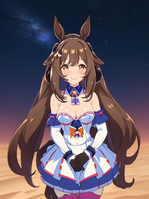 vague、topquality, Horse Girl, Quiet Suzuka, ((Uma Musume))), Perfect Skin, real looking skin, Detail skin, 8K,(Pour into the air), Girls look at us, ssmile, Joying, Brown hair, Hair long, Horse ears, Horse's tail on the waist, It's hard to breathe, space suits, Outer space, earth in space, The Sun in Space, light reflections, Stars