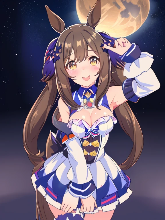 vague、topquality, Horse Girl, Quiet Suzuka, ((Uma Musume))), Perfect Skin, real looking skin, Detail skin, 8K,(Pour into the air), Girls look at us, ssmile, Joying, Brown hair, Hair long, Horse ears, Horse's tail on the waist, It's hard to breathe, space suits, Outer space, earth in space, The Sun in Space, light reflections, Stars