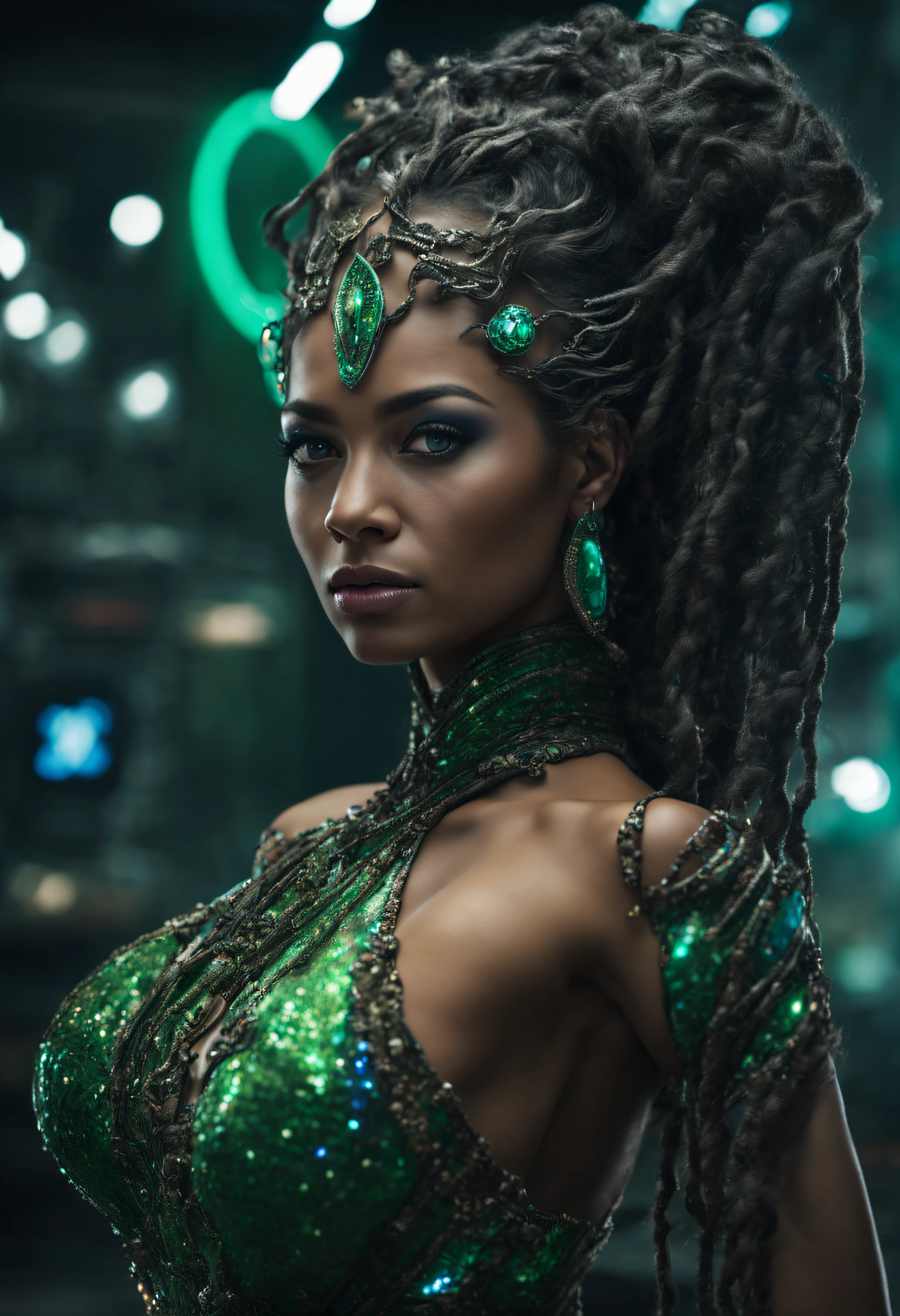 (naytiri de avatar), piel azulada vibrante, pelo negro largo enrizado, considerada como una de las razas mas bellas de la galaxia, con una cara, ojos verdes y labios sensuales, con vestido de noche , con incrustaciones de plata, piedras preciosas y diamantes, (se encuentra en centro de control de estacion espacial). hiperrealista, imagen nitida, 8k. imagen cinematografica., todo lleno de imaginacion,ciencia ficcion y (intrincados detalles de la maquina).imagen fotorrealista,nitidez maxima, calidad 8k.(obra maestra de calidad superior).