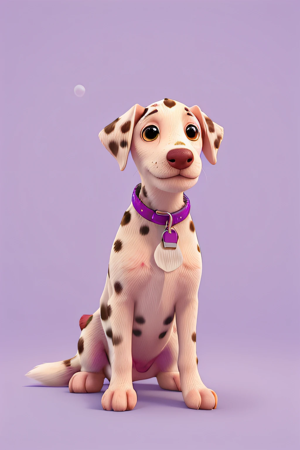a close up of a dalmatian puppy sitting on a purple background, white with black spots, white with chocolate brown spots, spotted ultra realistic, spotted, cute dog, pet animal, puppy, speckled, dapple, photo of a beautiful, spots, cute animal, with a white muzzle, has a very realistic look to it, beautiful cute