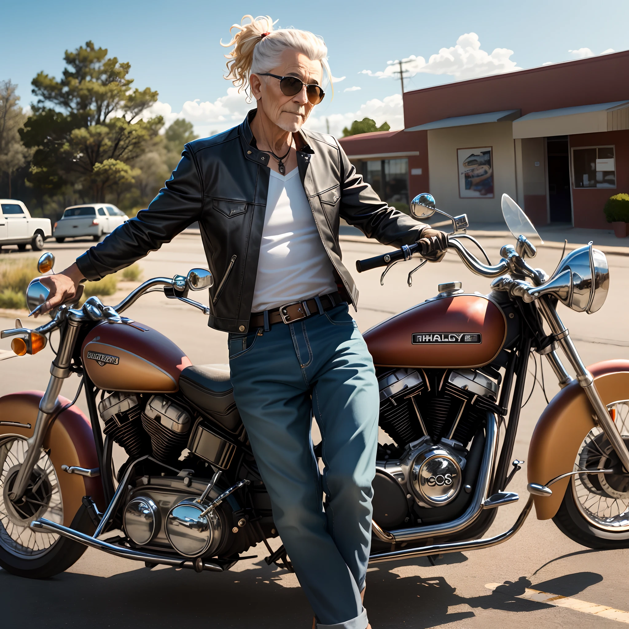 Harley,Leather Jean,Man in his 60s,Route 66,Lunette de soleil