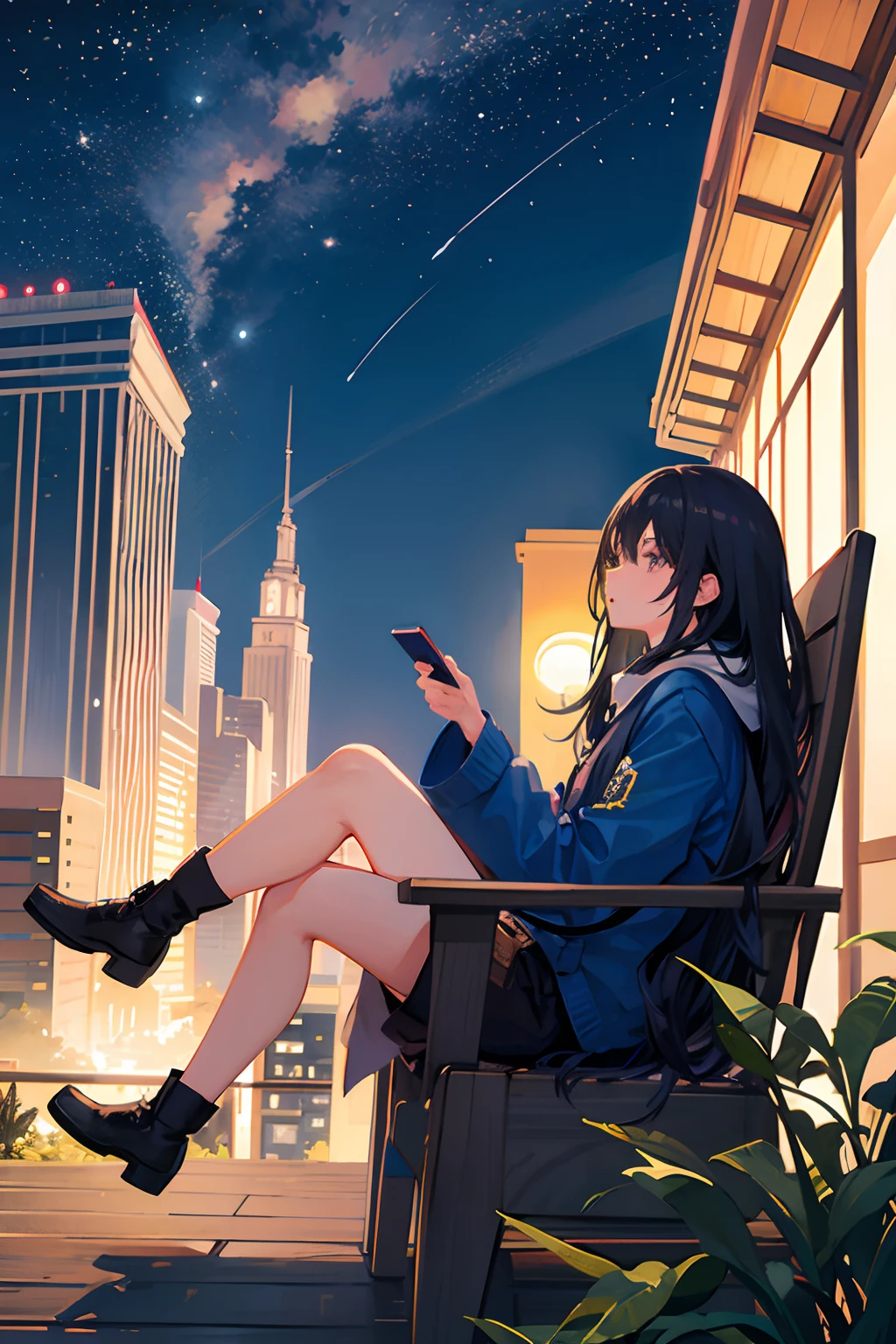 octans, sky, star (sky), scenery, starry sky, night, 1girl, night sky, solo, outdoors, building, cloud, milky way, sitting, tree, long hair, city, silhouette, cityscape