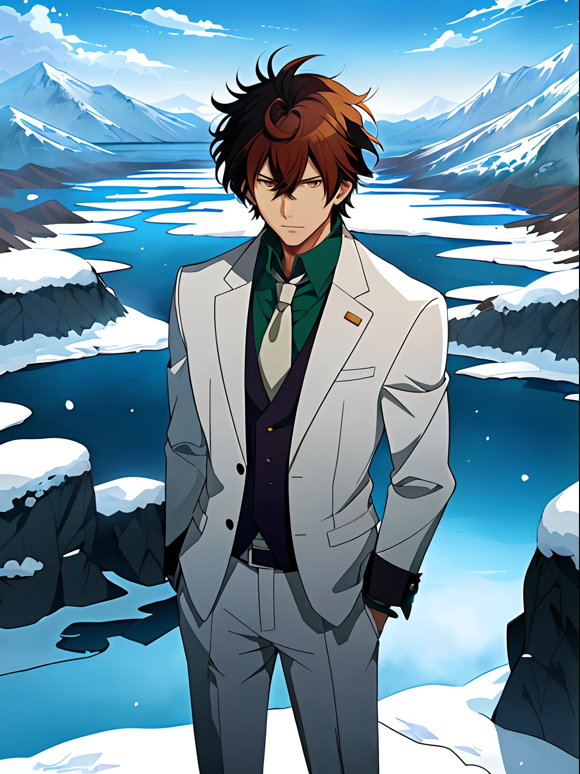 Anime image of a brown-haired man in a white suit and blue tie standing under a snowy mountain，by lake, Shinkai sincerely, New Xiangcheng, Honest, ryuta ueda artwork, offcial art, Anime handsome man, inspired by Hisui Sugiura, koyoharu gotouge, inspired by Okumura Togyu, hijikata toushirou, makoto kano