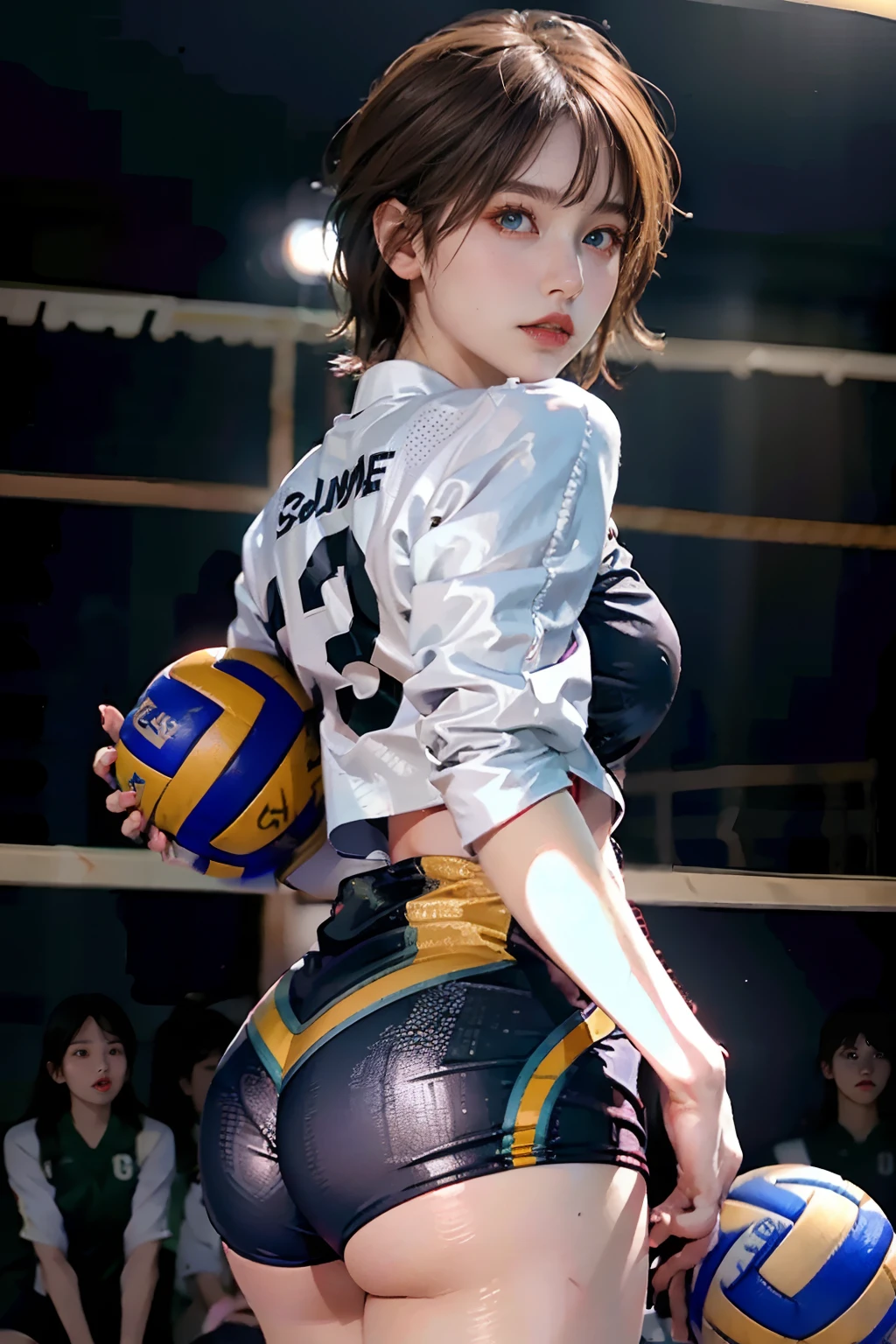 top-quality、masterpiece、超A high resolution、(Photorealsitic:1.4)、Raw photo、1girl in、glowy skin、(natural make up:1.4)、Pink lips、((super realistic details))、portlate、globalillumination、Shadow、octan render、8K、ultrasharp、((delicate body shape))、Short-cut hair、(Red uniform of volleyball team:1.3)、((Colossal tits:1.4))、(skin tanned:1.4)、highly intricate detail、Realistic light、Metal shine、CGSoation Trends、(Blue eyes:1.4)、(radiant eyes)、Facing the camera、neon details、Cyberpunk background、Small LED lamp、(Purple and green lighting from behind)、(Volleyball 1 time:1.4)、Volleyball court background、