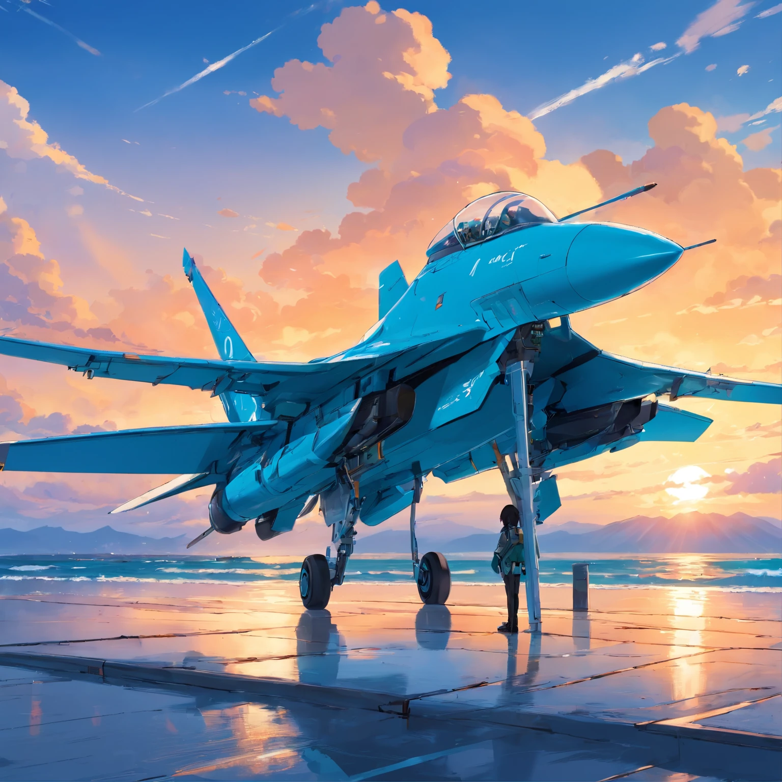 8K, Best Quality, masutepiece, Scenery,pier,wharf， Sea, seaside, utility pole, A long stone bridge stretching to the sea, a panoramic view, A (Futuristic jets) Fly over the azure sky, Leaving the path of two white air. Dark blue sky, Sunset, evening, Coral reefs by the sea,(fantasy scene)，Detailed fighter，VF-25S，（（Turquoise blue and black fuselage）），metalic，Skull mark on the tail