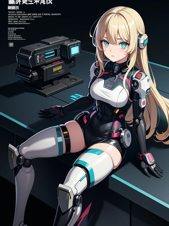 (highest quality), From above:1.2,1 person female, alone, Shining school swimsuit,double big round eyes,blonde, twin tails, red eyes, (black skin),blush,smile, (open chest:1.1),Cyberpunk world,dynamic composition,Big breasts,Socks above the knee,Muchimuchi,Psychedelic color scheme,iridescent sparkling background,rabbit ear headphones,turbo on the back,machine legs,rainbow colored screen,((complex machine cockpit)),profile,(Parker-like armor)