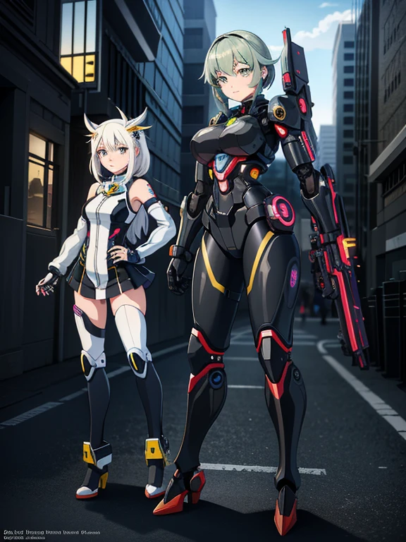 ((1 cyborg loli)),((different types of breasts, biomechanical breasts, biomechanical pussy)),giving a blowjob on a machine,((nipple fuck)),((urethral insertion)),standing with raised to the tall one, ((different types of short hair, red eyes)), a factory, at night,