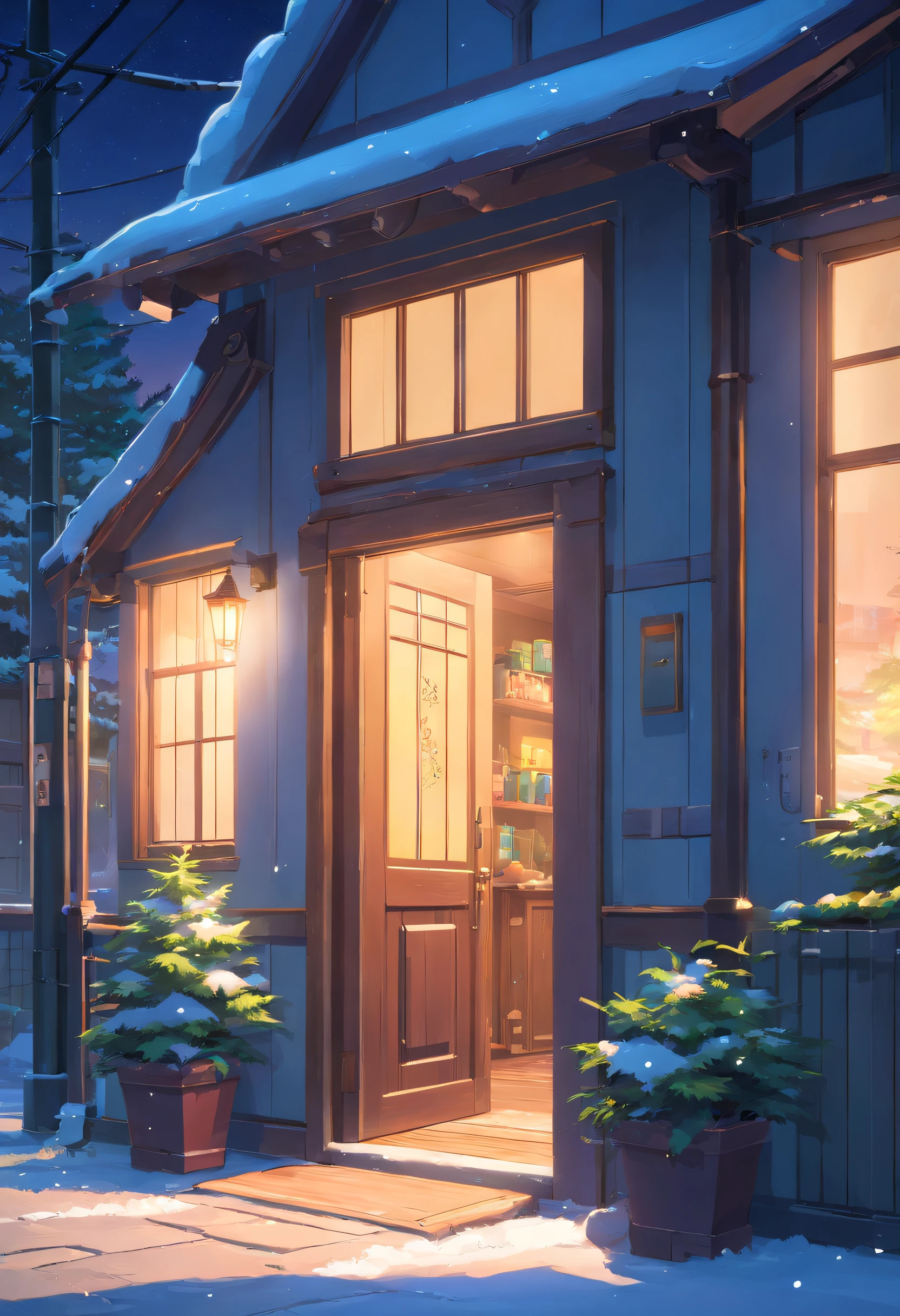 porch，In the middle of the picture is the door frame，（The left side of the door frame is 0 in the snowy outdoor area.5），（To the right of the door frame is the interior shoe cabinet 0.5），the night，Open the door，There is only one house，There are no characters，3D, 8K, Highly detailed, digitial painting, ,illustration, art, 3D style Pixar animation, friendly,