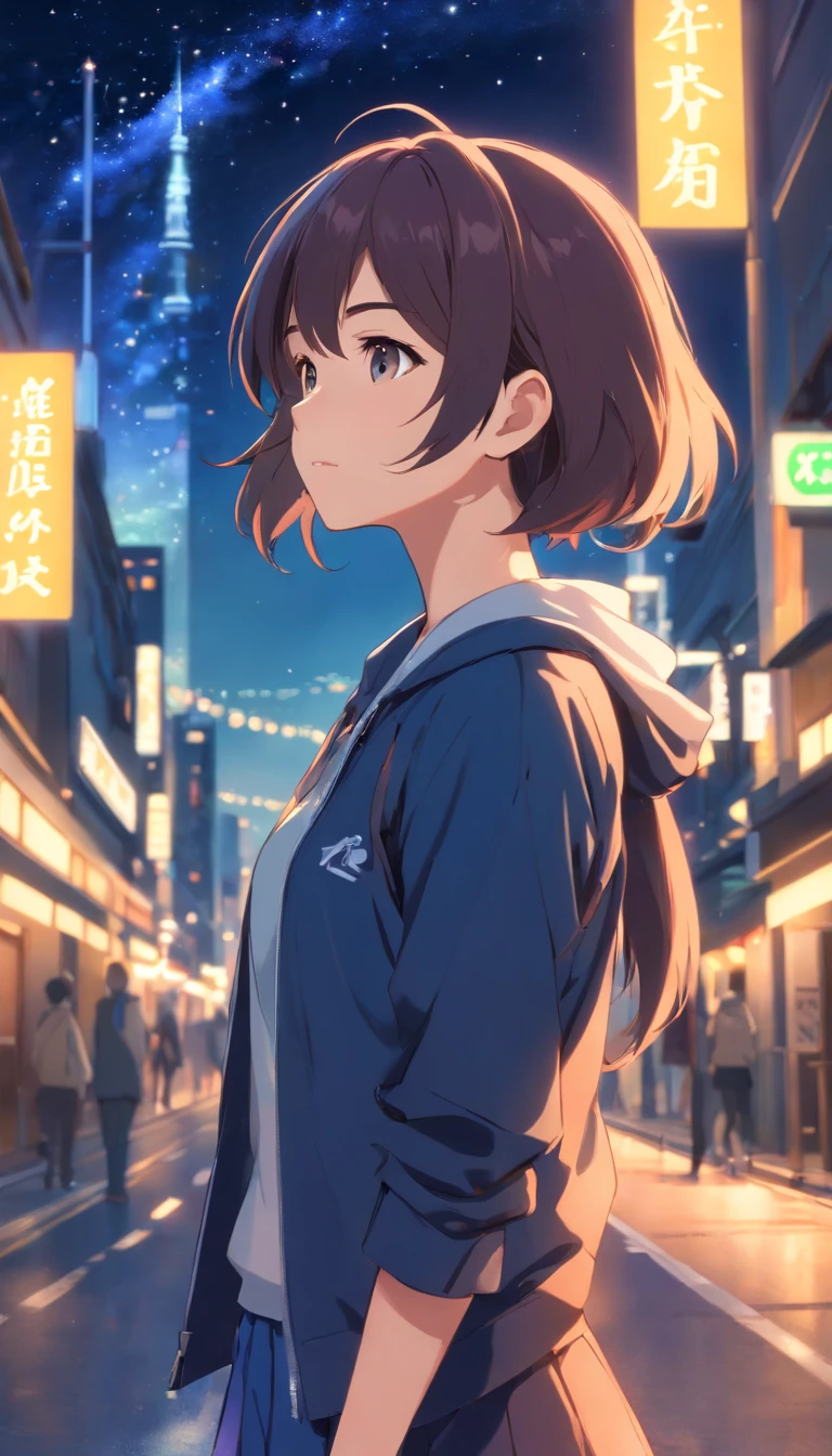 masutepiece,Best Quality,yoimiya_Genshin,1girl in,Solo,Standing,Outdoors,nigh sky,Starry sky,Street,City lights,Cityscape,mountain road,Upper body,Tongue out