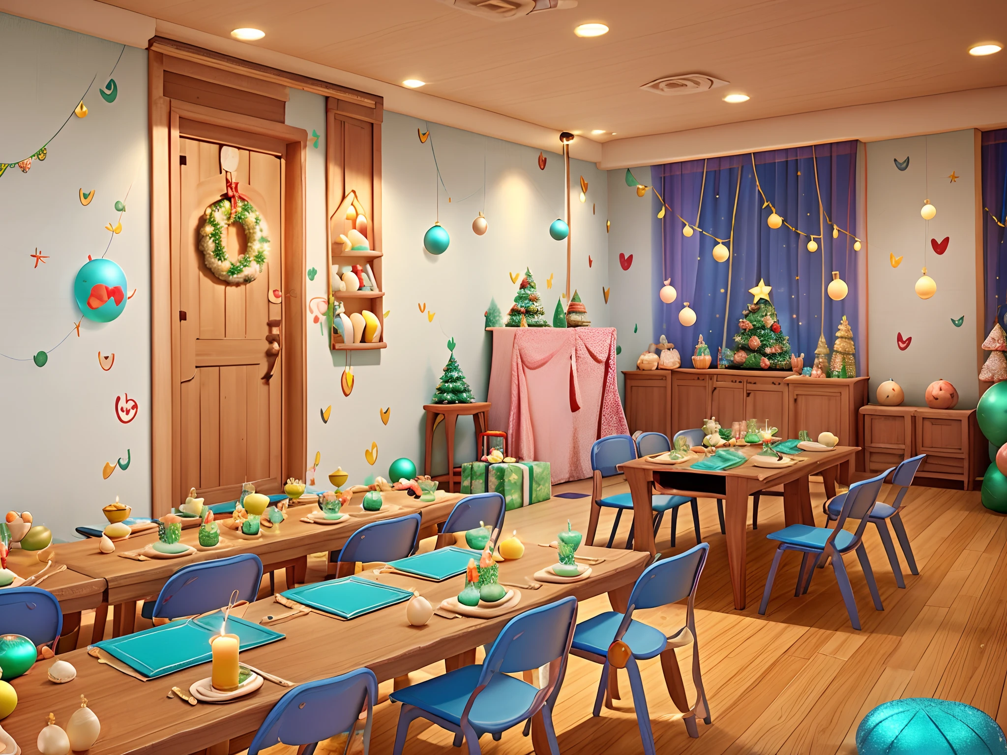 Fun Christmas Party Venue。Fashionable Christmas decorations decorate the walls。Colorful and beautiful rooms。There are candles, sweets and drinks on the table。Lots of gifts on the floor。Cute blue chairs are lined up。Fantastic Christmas atmosphere。by disney&Pixar's Exciting Atmosphere。A space like a Disney resort