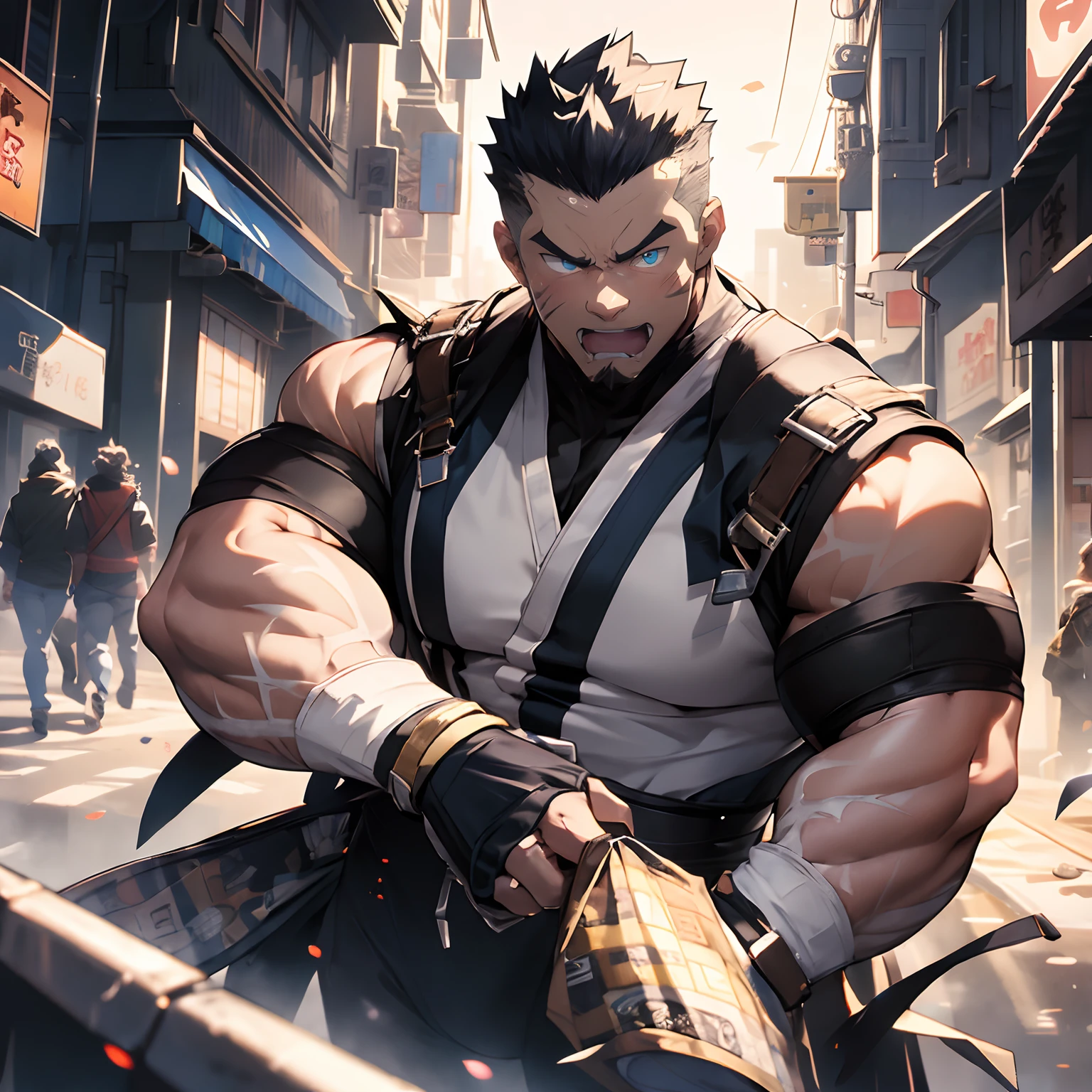 street colorful energetic lights effects in japan, kawaii moe anime 8K, undercut, faux hawk, very short black hair, creamy babyface with blue eyes super buff pale muscular ninja possession by Venom, muscular body wear clearly ninja clothes, trending on pixiv, kawaii moe anime