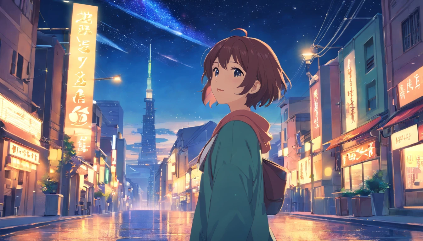 masutepiece,Best Quality,yoimiya_Genshin,1girl in,Solo,Standing,Outdoors,nigh sky,Starry sky,Street,City lights,Cityscape,mountain road,Upper body,Tongue out