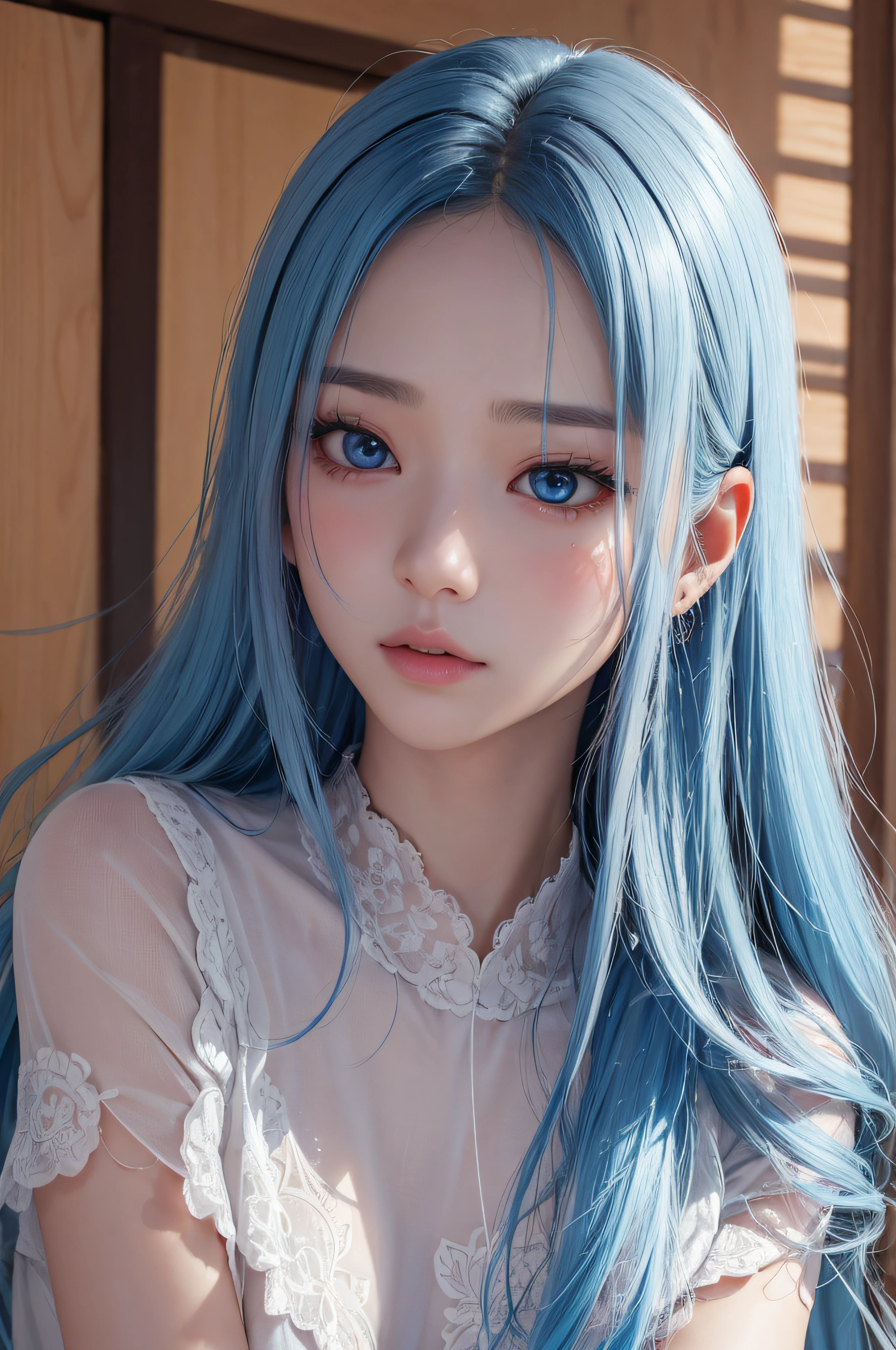 ((ultra realistic:1.3)), (best quality:1.3), (illustration), (hyper detailed), (high quality), perfect face, masterpiece,  intricate details, 1girl, mature female, small hands, small_head, realistic, photorealistic, #íë³µíë¤ face, #ì°ë¸ë color hair, Powder Blue color eyes, #í° ë¨¸ë¦¬, #ë¾°ì¡±í ë¨¸ë¦¬ hair, huge breasts, #ê±°ì¹ body, tan skin, looking away, #ì¤ë ë¨ì, head tilted to the side, vanishing point,