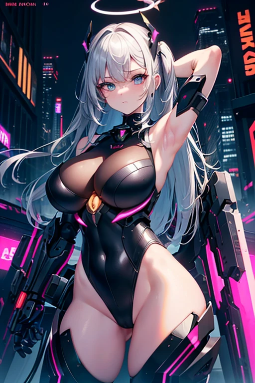 Top quality, masterpiece, fine detail, super detailed, accurate depiction, highly detailed 8k wallpaper, 1 girl, (Sexy Mecha Girl: 1.3), looking straight, 5 perfect fingers, (mechanical halo: 1.2), (Detailed exposed exoskeleton leotard: 1.2), (Complex mechanical limbs), (bare shoulders and armpits), (flat_chest, huge_breasts, wide_hips), (sharp-angled headgear on both sides of the head: 1.2), short side tail, gray hair, cyberpunk, neon glowing urban streetscape,