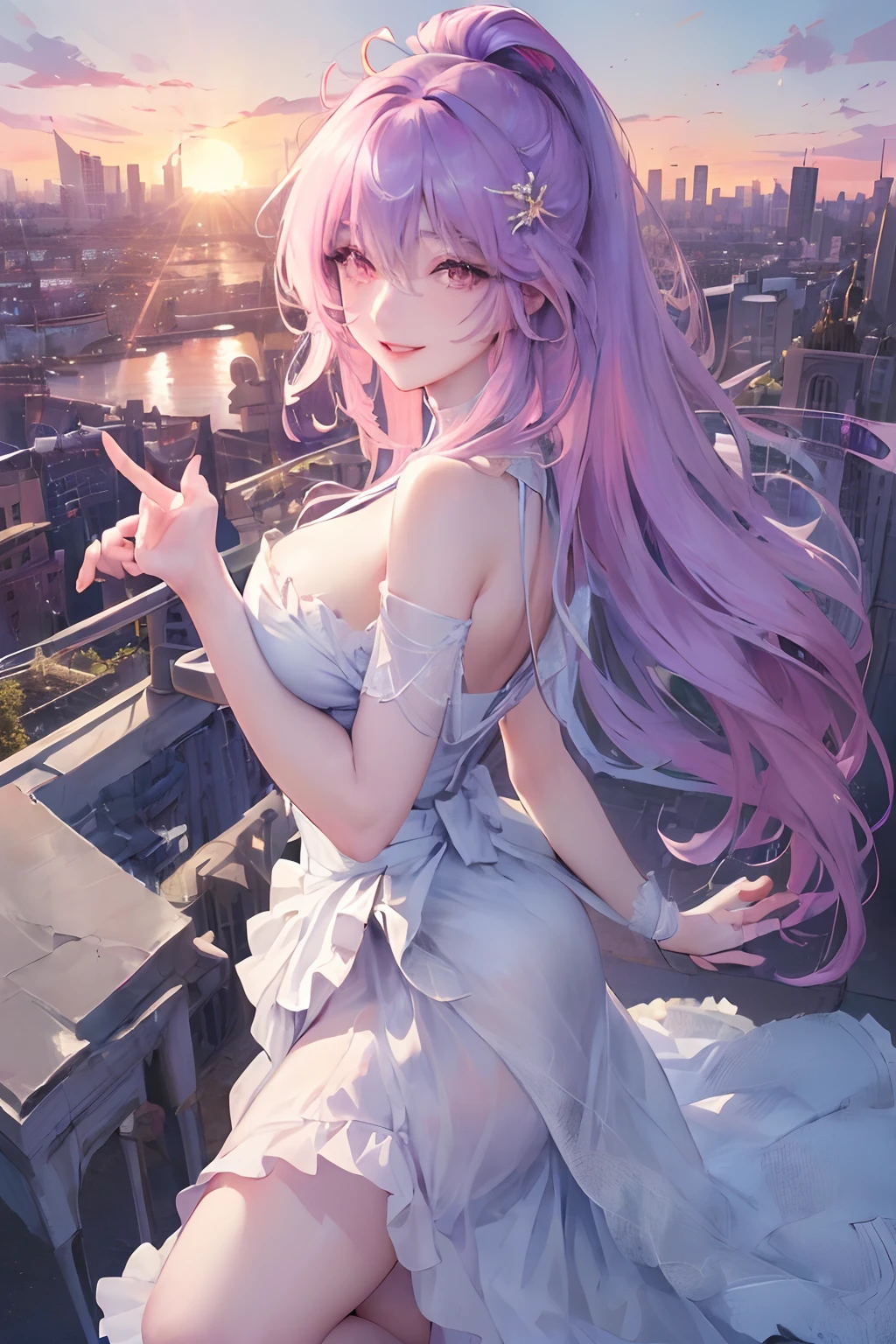 official art, masterpiece, sharp focus, (beautiful gorgeous cute Korean woman:1.3), (beautiful cute korean:1.3), korean beauty, Delicate and beautiful hair and eyes and face, realistic, ultra detailed, beautiful girl, blue sky, glow white particle, (sidelighting:1.2), sun light, white cloud, detailed clouds, slender, Lovely very large breasts and very large hips, smile with teeth, ((smile with eyes, open both eyes)), scenery, long straight hair, sexy facial expression, building, (cityscape:1.7), dynamic hair, long straight hair, detailed purple hair, glow pink eyes, (pink ruffle dress), white long socks, pale skin, hair ornament, epic scenery,