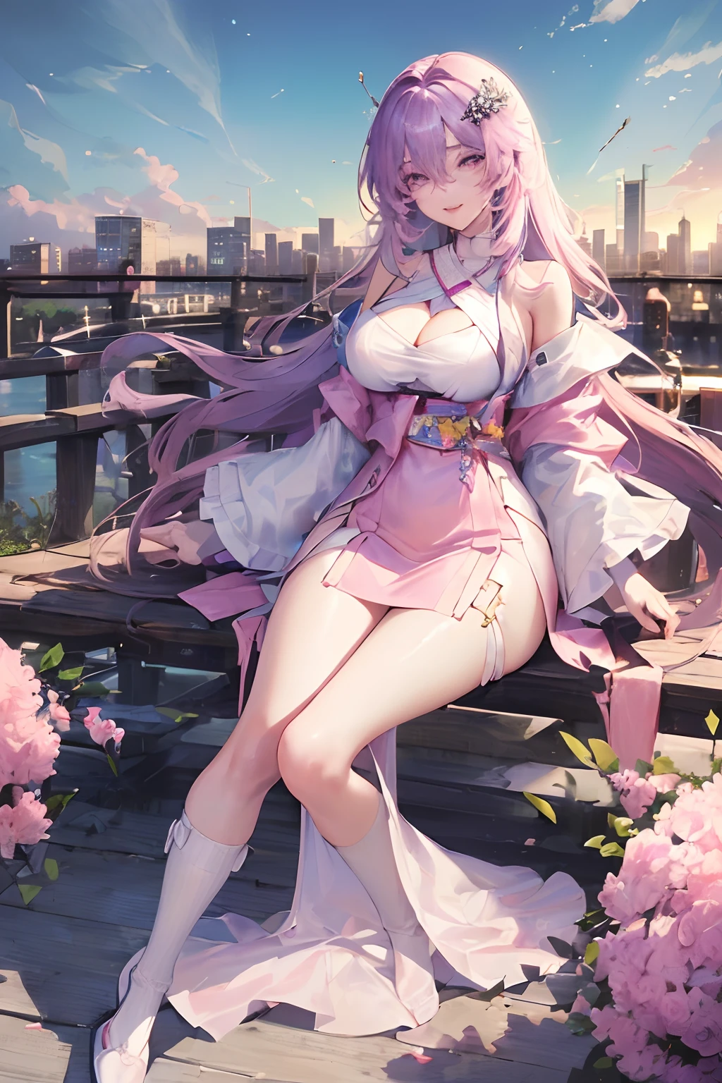 official art, masterpiece, sharp focus, (beautiful gorgeous cute Korean woman:1.3), (beautiful cute korean:1.3), korean beauty, Delicate and beautiful hair and eyes and face, realistic, ultra detailed, beautiful girl, blue sky, glow white particle, (sidelighting:1.2), sun light, white cloud, detailed clouds, slender, Lovely very large breasts and very large hips, smile with teeth, ((smile with eyes, open both eyes)), scenery, long straight hair, sexy facial expression, building, (cityscape:1.7), dynamic hair, long straight hair, detailed purple hair, glow pink eyes, (pink ruffle dress), white long socks, pale skin, hair ornament, epic scenery,