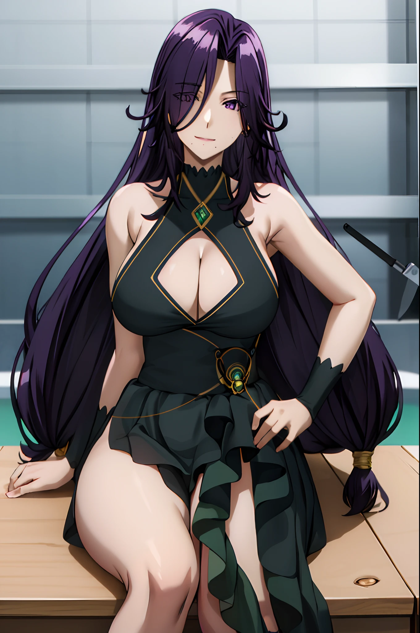 masterpiece, best quality, AuroraV4, 1girl, solo, purple hair, long hair, solo, breasts, indoors, sitting on chair, professional lighting, slight smile, cowboy shot, cleavage, very long hair, hand on hip, black hair