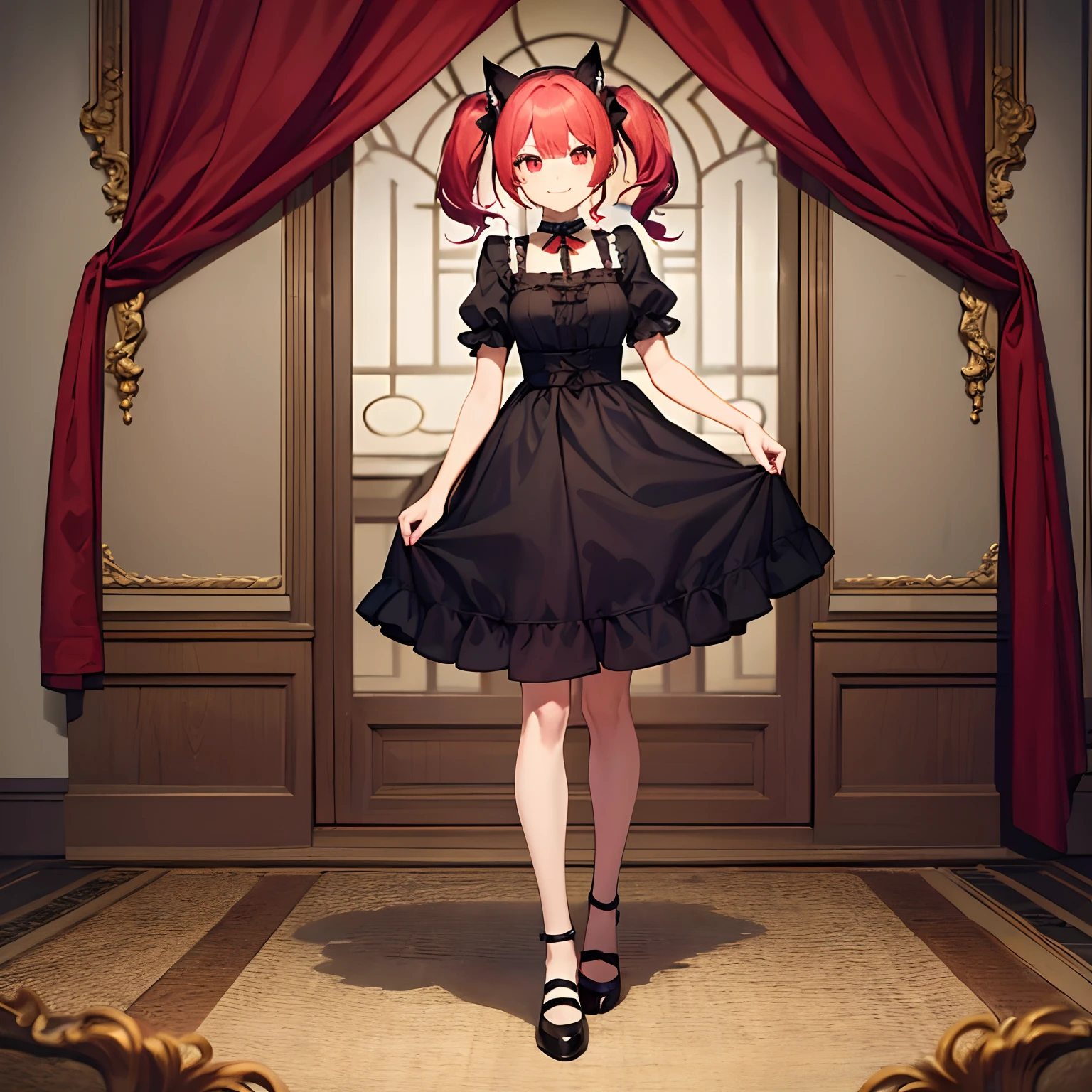 Anime filling,Two-dimensional illustration,Red hair,Half Twin Tail,shorth hair,Big eyes,A smile,a beauty girl,cute little,Super Cute,Black cat ears,Red Eyes,Ruffled Clothes,Alice in Wonderland Clothes,Inner colorGreen,One girl,Full body painting,A masterpiece of 2D art,(masterpiece,Top image quality:1.3),(detaile:1.2),(1人),Standing picture