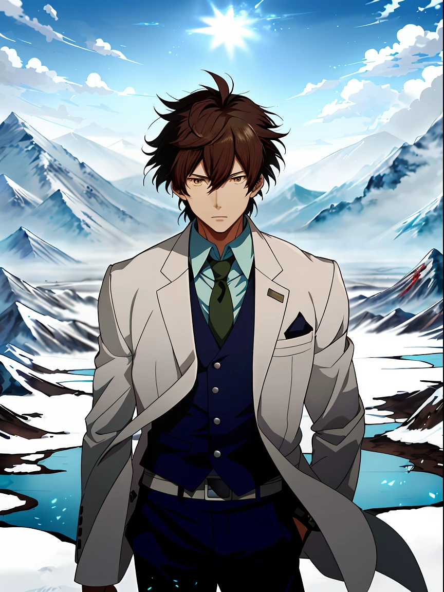 Anime image of a brown-haired man in a white suit and blue tie standing under a snowy mountain，by lake, Shinkai sincerely, New Xiangcheng, Honest, ryuta ueda artwork, offcial art, Anime handsome man, inspired by Hisui Sugiura, koyoharu gotouge, inspired by Okumura Togyu, hijikata toushirou, makoto kano