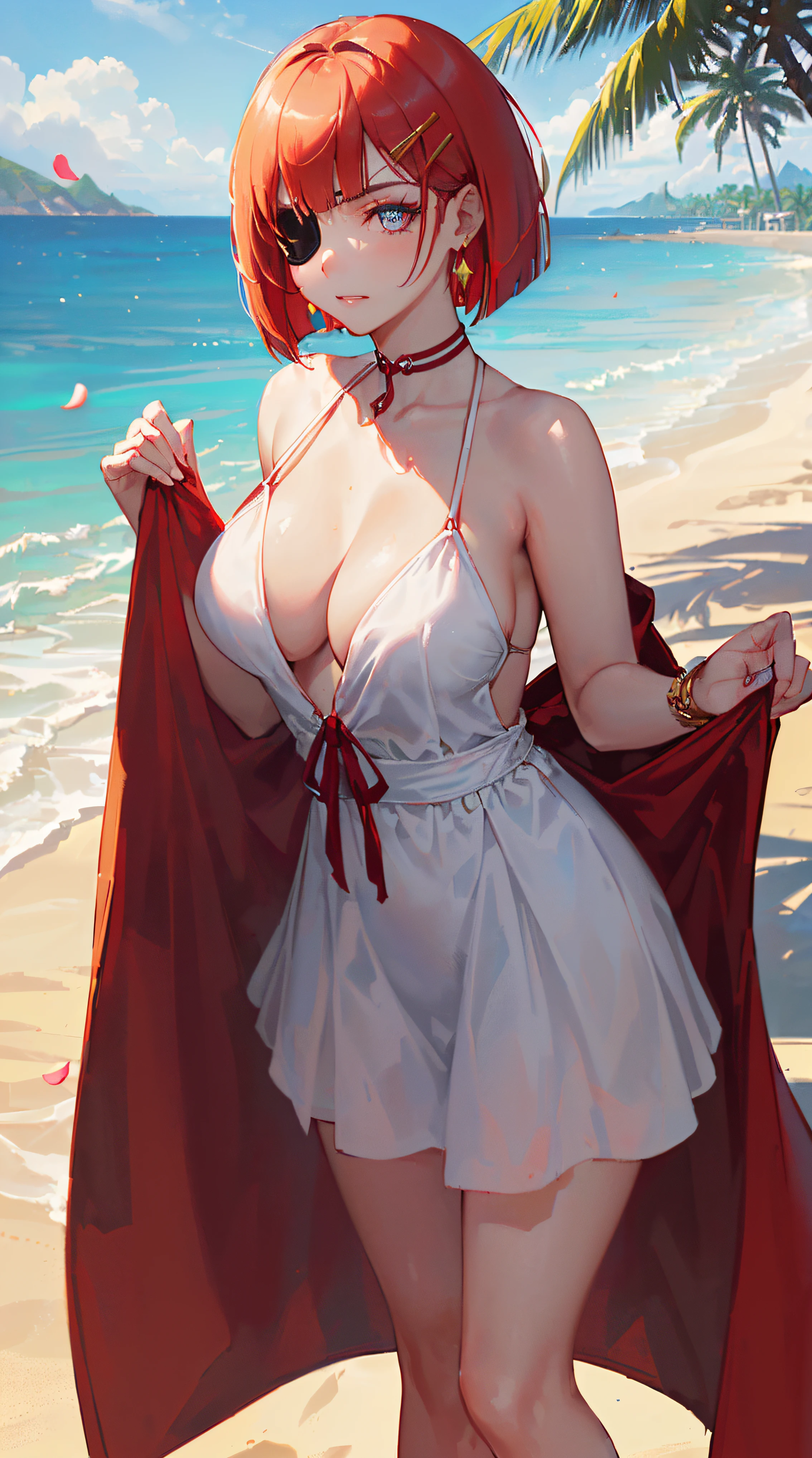 ((((summer theme,meticulous portrayal of legs，1 noblewoman，a matural female)))),(dark night background+,perfect background)，Prom，Court etiquette，  s the perfect face， Perfect lips， perfect  eyes,)(((coast style,red hair,large white labcoat,no bra,tennis dress,eyepatch)))，((1lady,adorable korean mixed race of Saudi Arabia girl，rosto magro，Solo,simple makeup,smug,))(Masterpiece,Best quality, offcial art, Beautiful and aesthetic:1.2),((超高分辨率,Golden ratio,)) (16k),((((coast,beach,intense shadows,strong rim light,))))((melon face，from above，1JK)),(Physically-based rendering),Amazing,Sharp focus, (((highdetailskin,))),Intricately detailed clothing，red pupils,red hair,Hexagram pupils,intricate pupils,((((detailed hair|short hair|long bangs|blunt bangs)))),((Slender,))(masterpiece sidelighting),(The sheen),(beautiful hair,beautiful eyes,）[[Delicate fingers and hands:0.55]::0.85],(Detail fingers),(((Superior quality)))),((unbelievable Ridiculous,)),((extremely_Detailed_Eyes_and_face)),Movie girl,(Dynamic configuration: 1.2),Brilliant,Beautiful lady, (Photorealistic),( coconut trees,), mitts, triangle crystal earrings, ((hairclip)), Light particles, view to the sky,  petals, Side Rock,, two-sided fabric