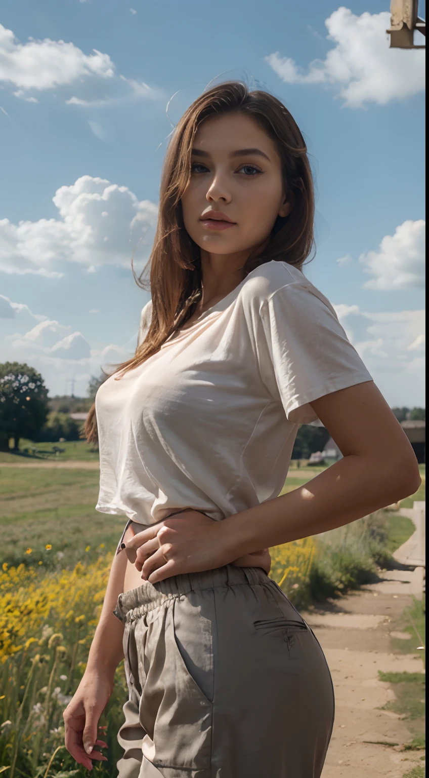 handsome girl, 20years old, Elongated face with smooth contours, beautiful hair, Beautiful tail behind the head, eye make up, Designer Eye Cut, pretty eyes, long eyelashes, Realistic-looking face, large lips, Wearing a short t-shirt, silk t-shirt, Summer trousers, Silk trousers, shapely body, handsome body, tan on face, (realisti: 1.3), delicate detailed, quality, Rembrandt lighting, (tmasterpiece: 1.2), (photo-realistic: 1.2), (beste-Qualit), (Detail Skin: 1.3), (Complicated details), Average Breasts, (meadow, sun, clouds, field, footway)