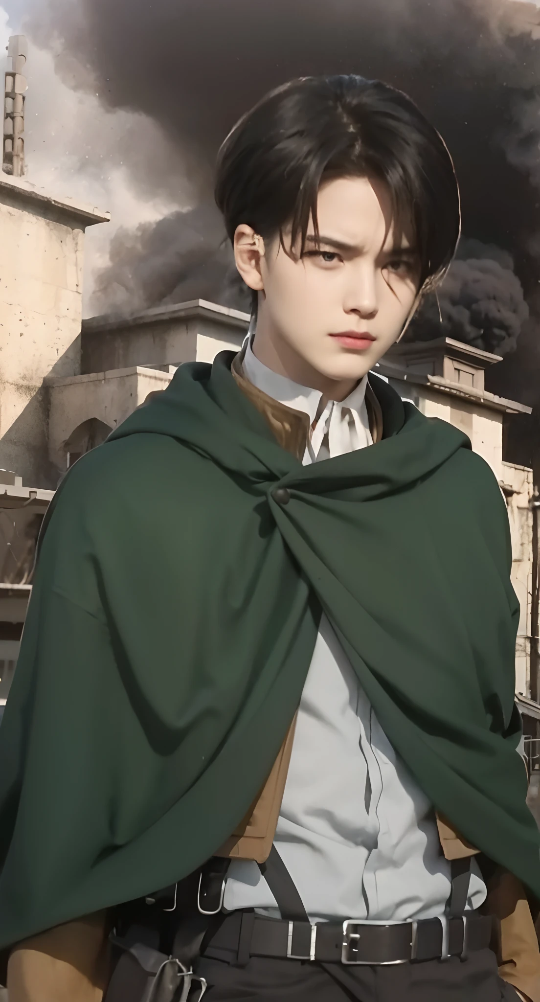 Real life adaption of this character,same exactly face with same expression, ((realistic same hair)), (realistic same outfit), realistic same background battlefield with black smoke, realistic light, realistic shadow, realism, hyper realistic,(photorealistic:1.2), looking to viewer