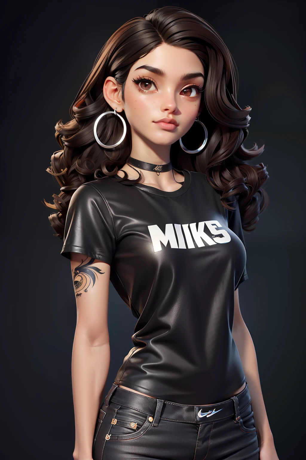 Um linda mulher morena baixinha tenho 1,58 tall has short curly dark brown hair has light brown eyes has tattoo is wearing a black t-shirt a pair of black jeans black Nike sneakers hoop earring Black is 22 years old