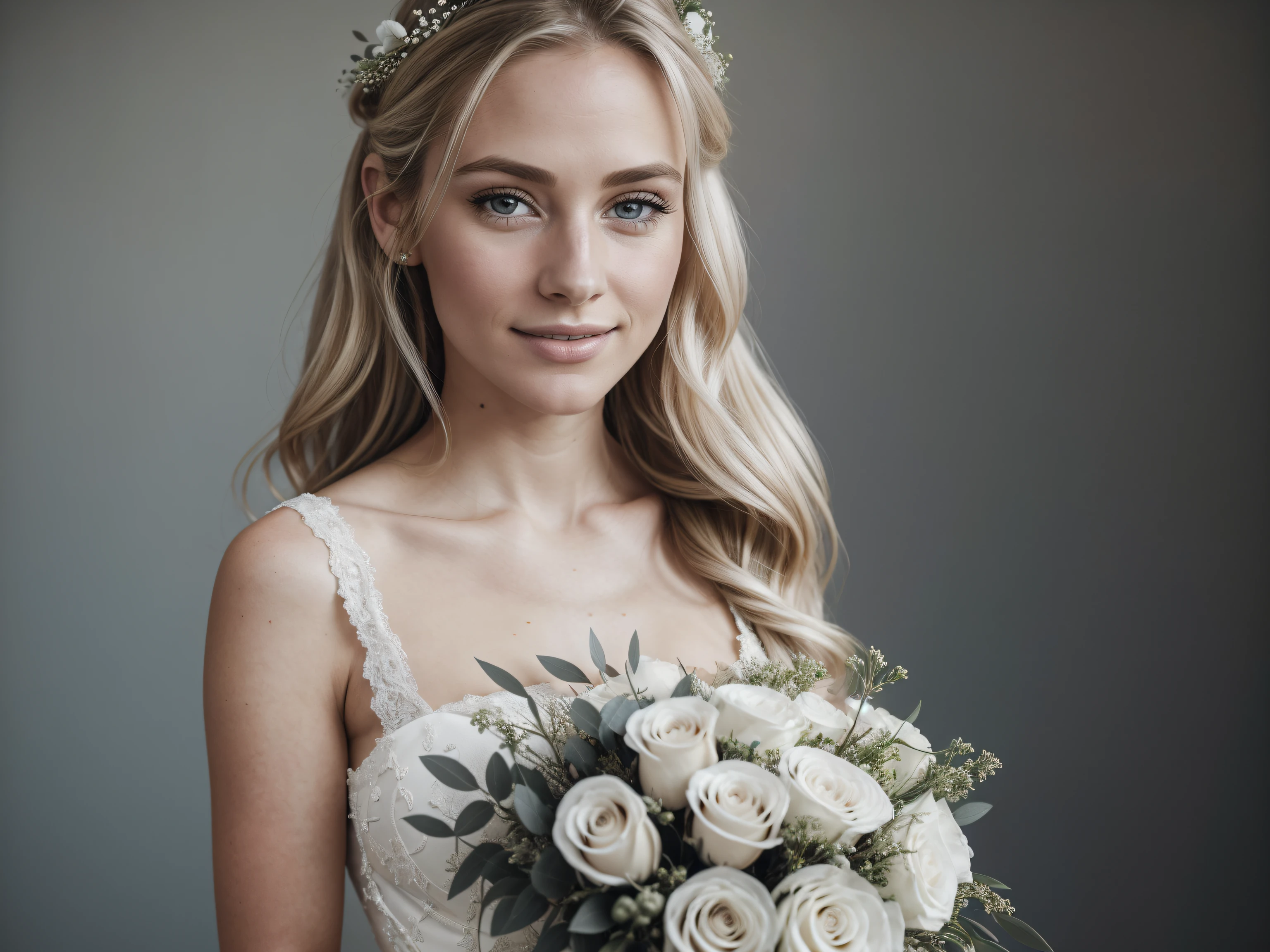 (editorial photo of 30 yo woman, dirty blond hair, slim American sweetheart), (freckles:0.3), (lips parted), realistic grey eyes, POV, realistic[:, (film grain, 25mm, f/1.2, dof, bokeh, beautiful symmetrical face, perfect sparkling eyes, well defined pupils, high contrast eyes, ultra detailed skin, skin pores, vellus hair, fabric stitching, fabric texture, wood grain, stone texture, finely detailed features:1):0.9] wearing a weading dress, holding flowers, looking really happy, Blurred background of a church, high quality, good lighting, f1.2, Canon 85mm, pefect, detailed dress, white wedding dress, detailed sticking.