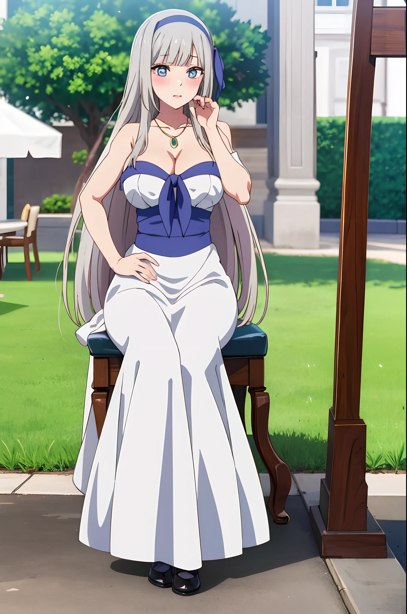 masterpiece, best quality, MyleneHFV4, 1girl, solo, dress, cleavage, jewelry, hairband, blue hairband, blush, necklace, white dress, sitting,  anime coloring, outdoors, very long hair, full body,