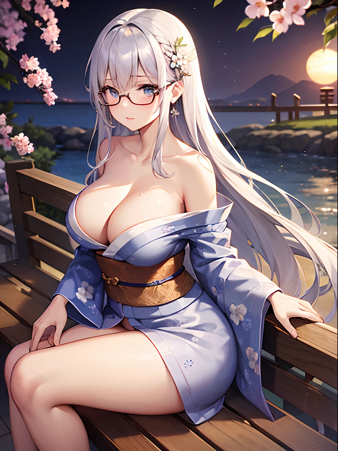 High quality, beautiful silver hair, adult female, married, beautiful woman, mother, beautiful silver hair, long hair, Russian style beautiful woman, glasses, beautiful legs, taut beautiful breasts, large breasts, beautiful ass, taut beautiful ass, large ass, mole, mole under left eye, light blue eyes, near river bank, sitting on wooden bench, Beautiful woman, 1 girl, breasts, cleavage, large breasts, solo, Japanese clothing, Japanese yukata, earrings, jewelry, long hair, sitting, bangs, collarbone, floral pattern, sunset