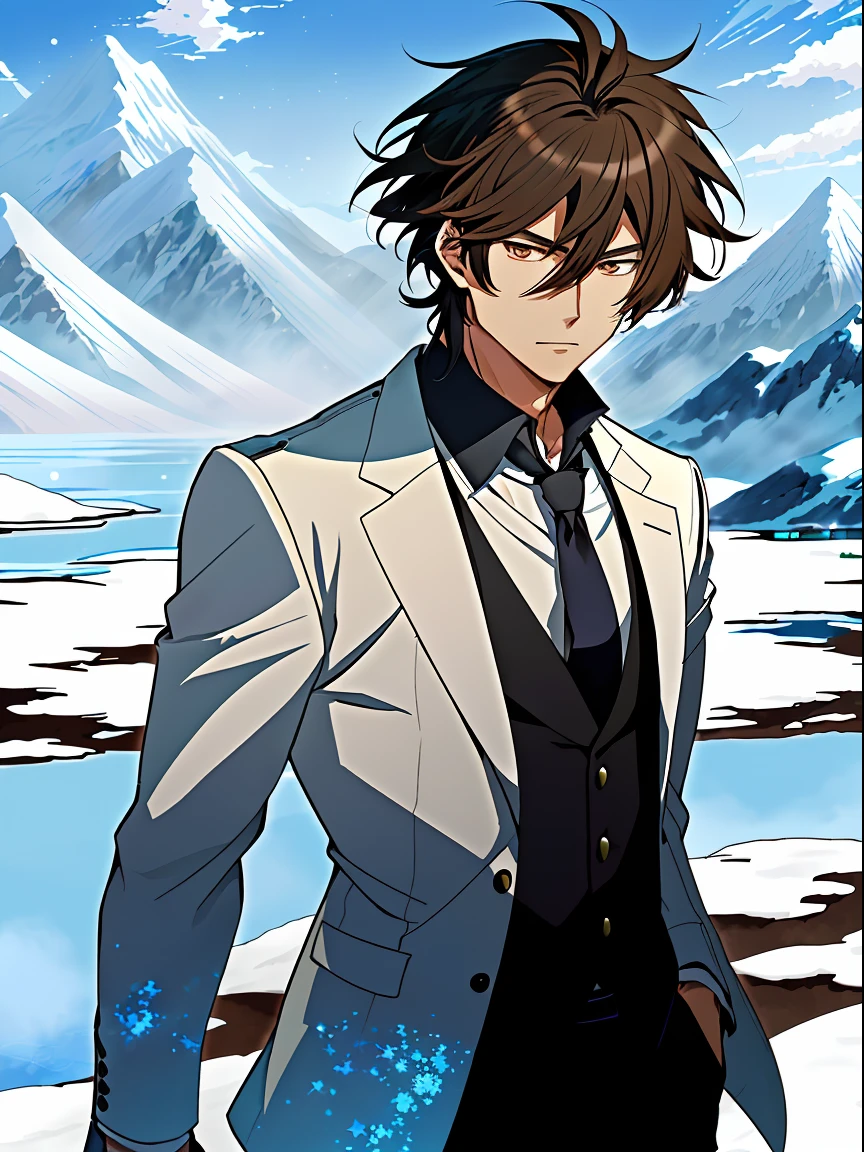 Anime image of a brown-haired man in a white suit and blue tie standing under a snowy mountain，by lake, Shinkai sincerely, New Xiangcheng, Honest, ryuta ueda artwork, offcial art, Anime handsome man, inspired by Hisui Sugiura, koyoharu gotouge, inspired by Okumura Togyu, hijikata toushirou, makoto kano