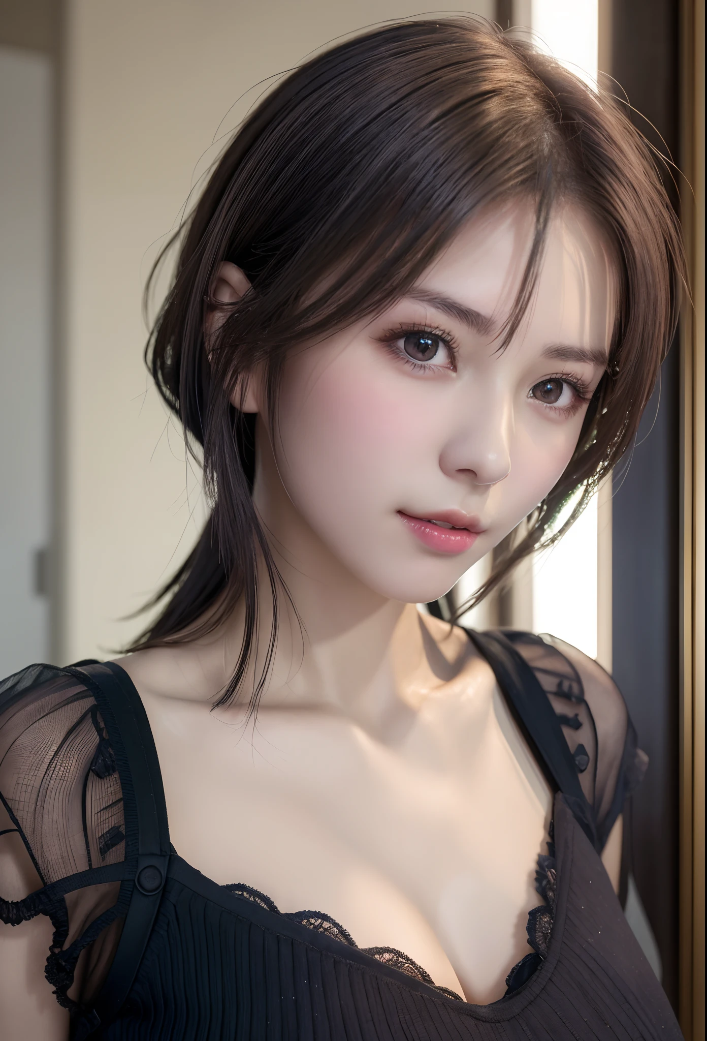 (8K, Photorealistic, Raw photo, of the highest quality: 1.3), (1girl in), Super beautiful, (Realistic face), (boyish, Silver Color Berry Shorthair), Beautiful , Glare that captivates the viewer, Beautiful expression, Beautiful breasts, (Realistic skin), Beautiful...