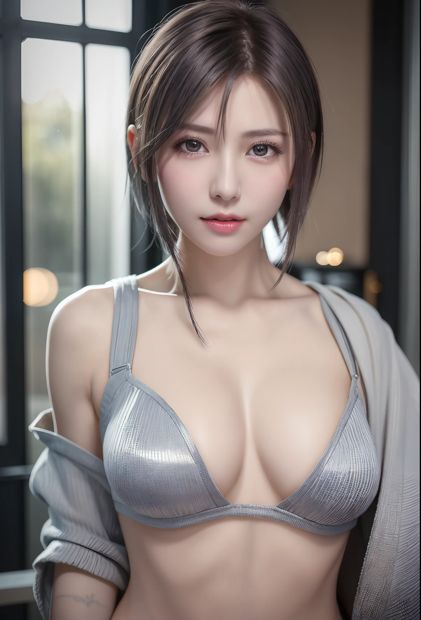 (8K, Photorealistic, Raw photo, of the highest quality: 1.3), (1girl in), Super beautiful, (Realistic face), (boyish, Silver Color Berry Shorthair), Beautiful , Glare that captivates the viewer, Beautiful expression, Beautiful breasts, (Realistic skin), Beautiful...