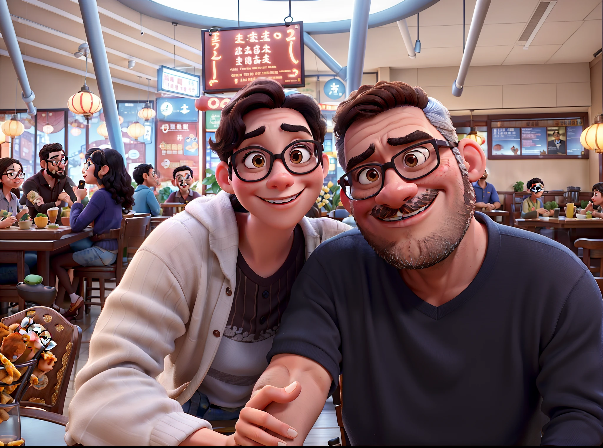 Pixar movie poster of a couple of young lovers taking a picture in Chinese restaurant. The girl is black, has dark hair and brown eyes, and wears glasses, o tem bigode, Beard and glasses