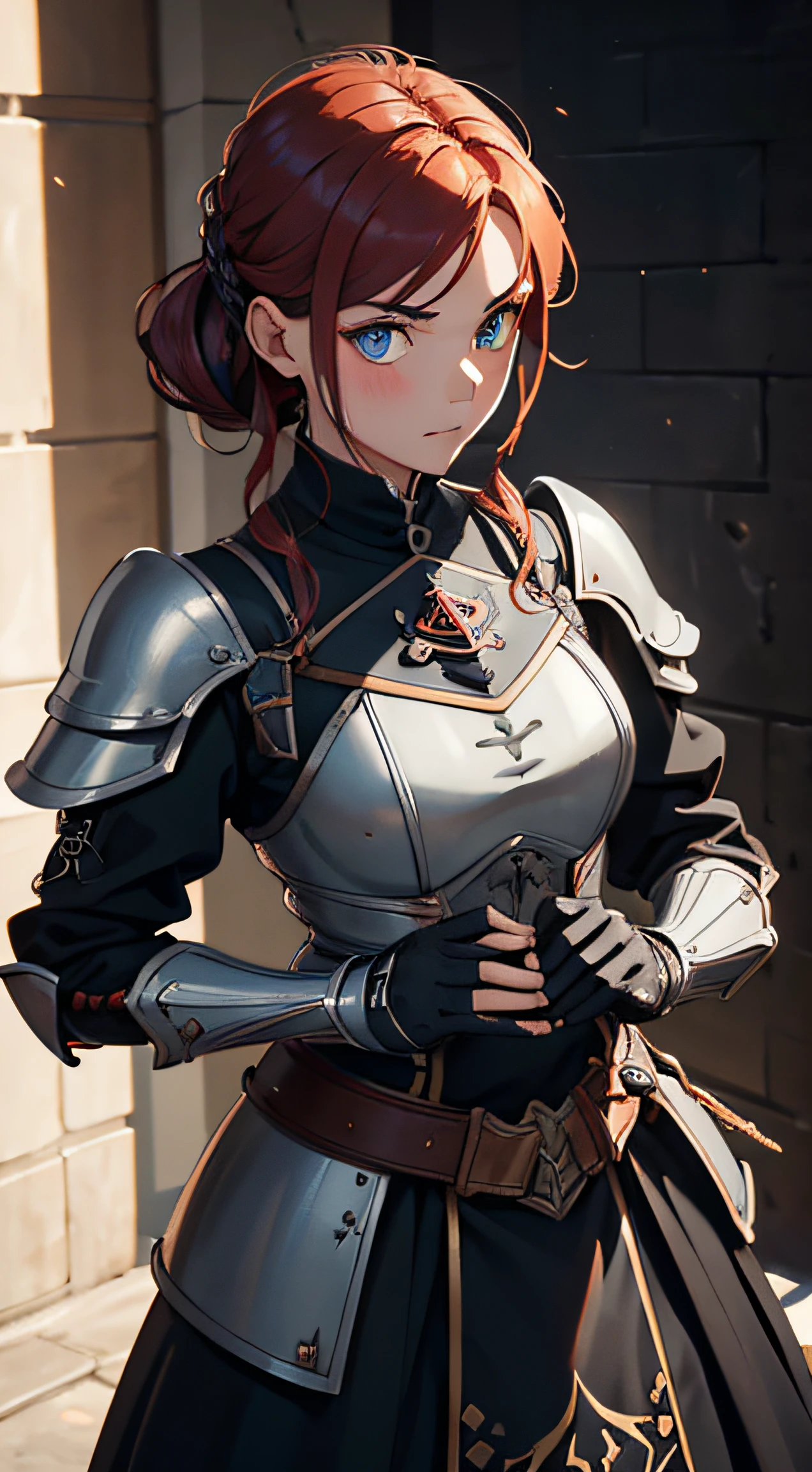 1 Frau, Bokatan, armour, rotes Haar, Kampf-Pose, fotorealistisch, hyperrealistisch, Hyperdetailliert, Analoger Stil, hip cocked, ernst, Niedriger Schnitt, Detaillierter Skin, matte Haut, Sanftes Licht, sub-surface scatter, realistisch, Schwerer Schatten, Meisterwerk, best quality, ultra realistisch, 8K, Goldener Schnitt, kompliziert, Hohe Detailgenauigkeit, Filmfotografie, Weichzeichner, verschwommener Hintergrund