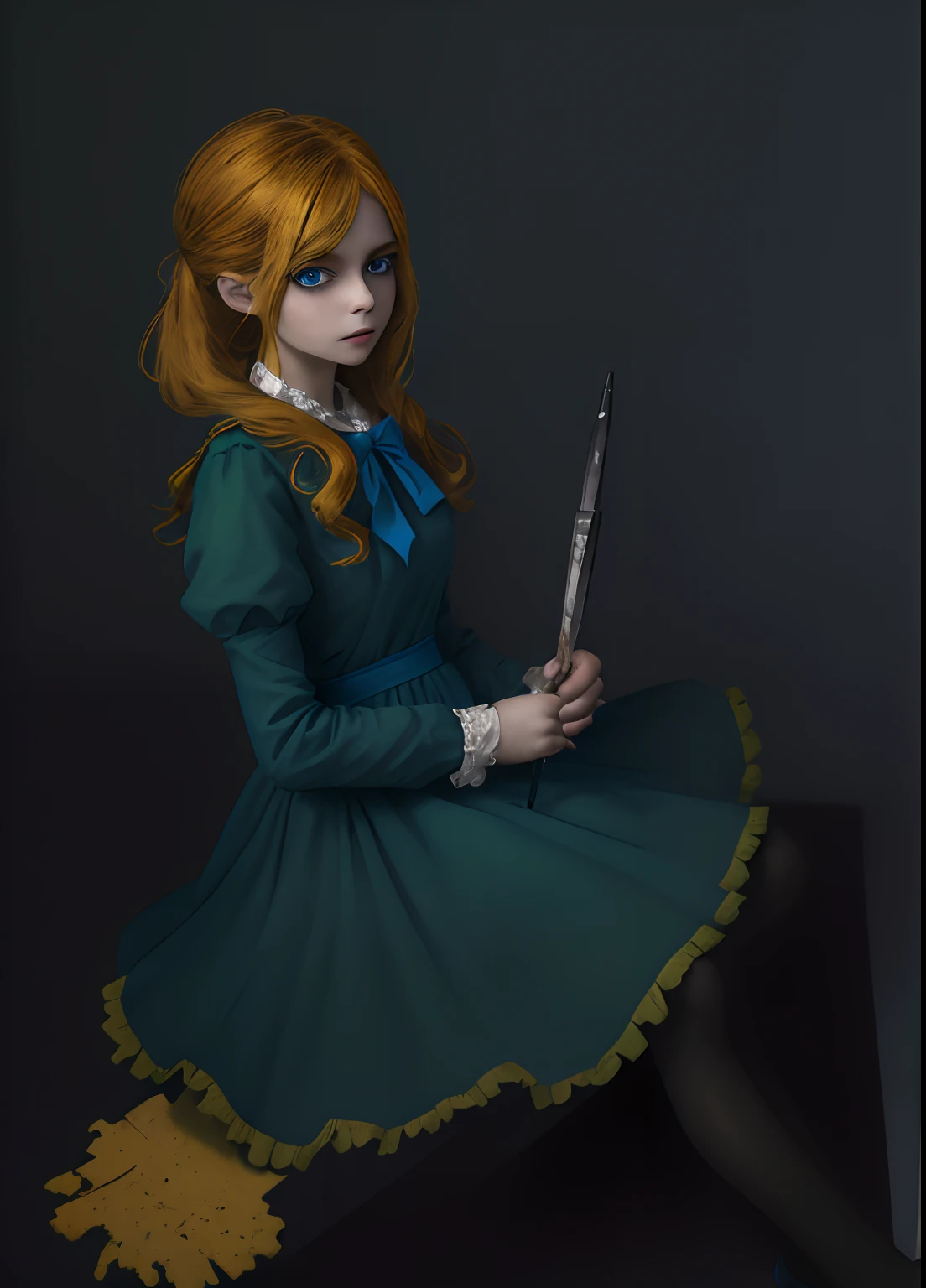 Girl, ((Blue bow on neck)), darkgreen frock, yellow hair, blue eyes, black long tights, long darkgreen frock with darkgreen sleeves, brown shoes, ((a palette knife in her hands))