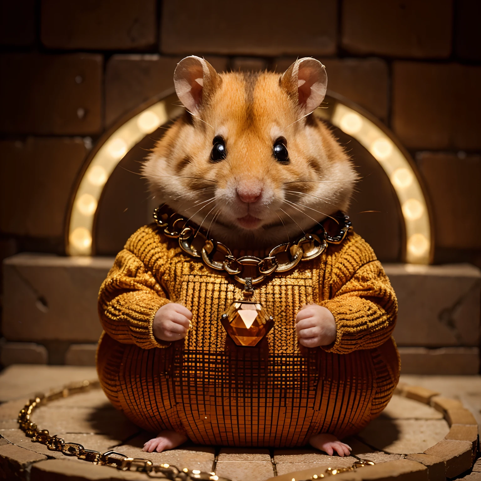 A hamster, the hamster is orange, wearing expensive clothes, wearing diamond chains, wearing rings, has diamond teeth, holding a diamond brick, throwing the brick, high quality, high detail, 8k