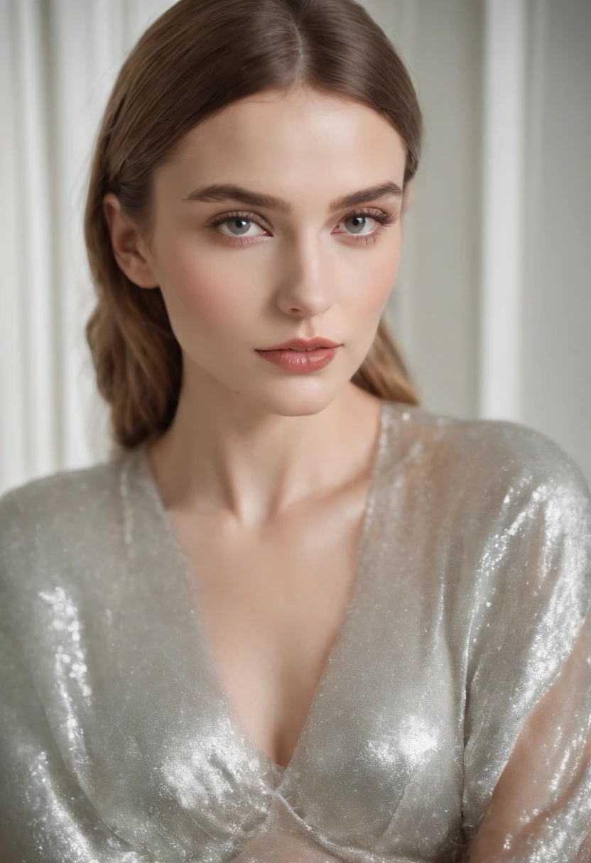 Paris collection fashion portrait shoot of a Russian model in a plain sliver room , 30 years old , wearing clothes shaped like lush grasses , 60's postmodern style , vivid color schemes, ultra realistic, hyper detailed, silver-core