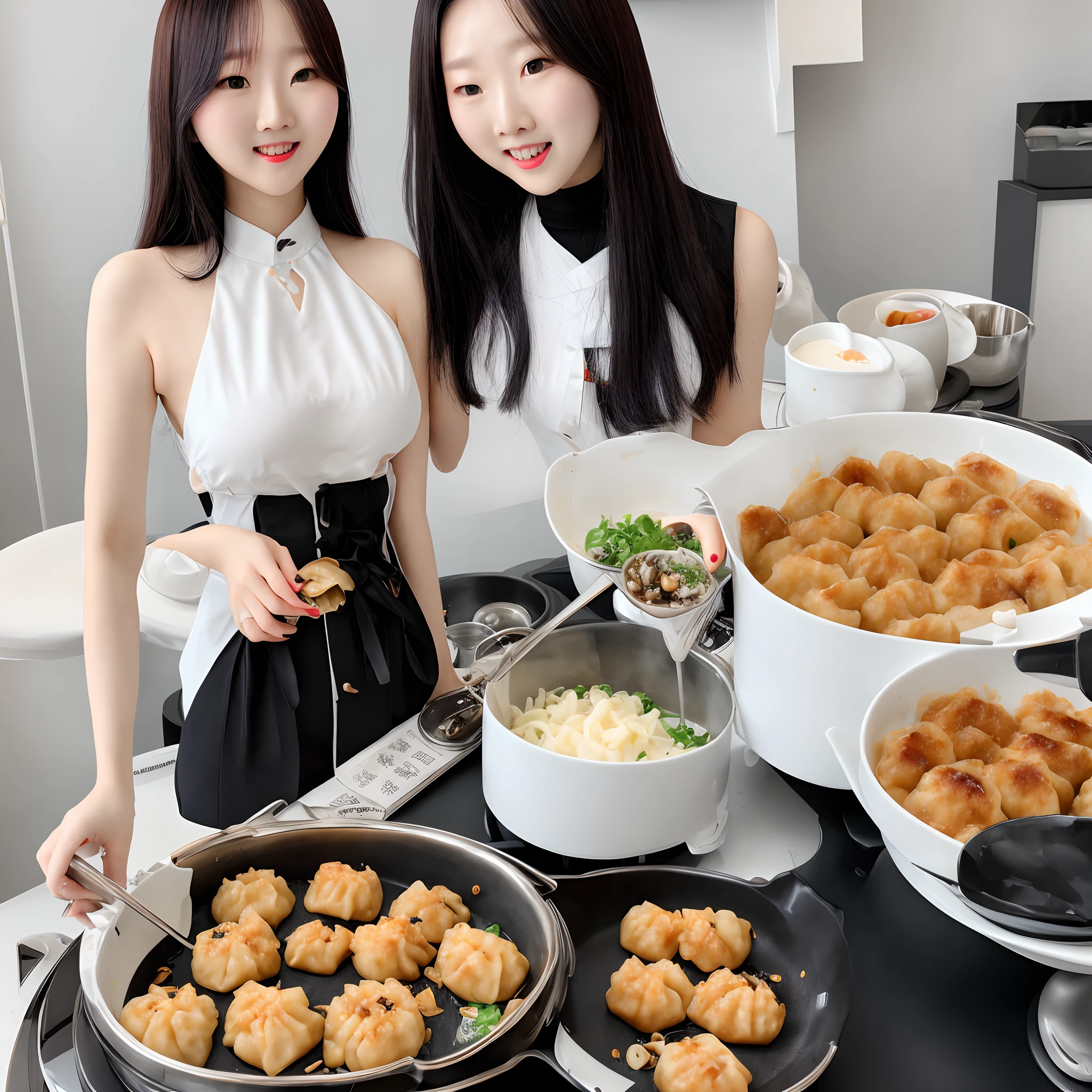 Four 4 women in a big spacious kitchen, their breasts are voluminous and large, each one having different characteristics, one with white hair, another with black hair, another with blonde hair, another with red hair.