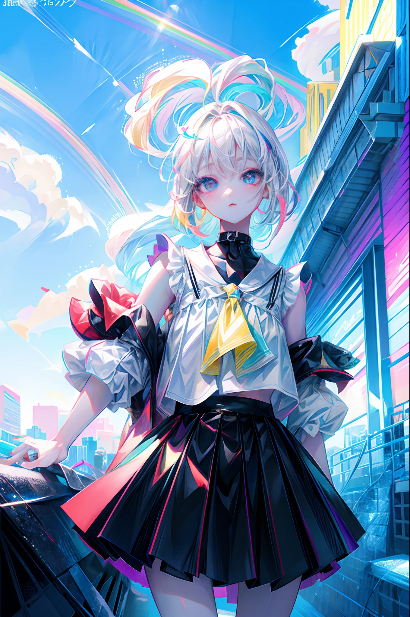 rainbows、Irridescent color、colourfull、top-quality、超A high resolution、(Photorealsitic:1.4)、Female 1 Person、Sleeveless white buttoned shirt、Black skirt、Black Choker、cute little、(Kpop Idle)、(attractiveness:1)、(Platinum Blonde Hair:1)、((Puffy eyes))、Look at the viewer、full body Esbian、Facing the front