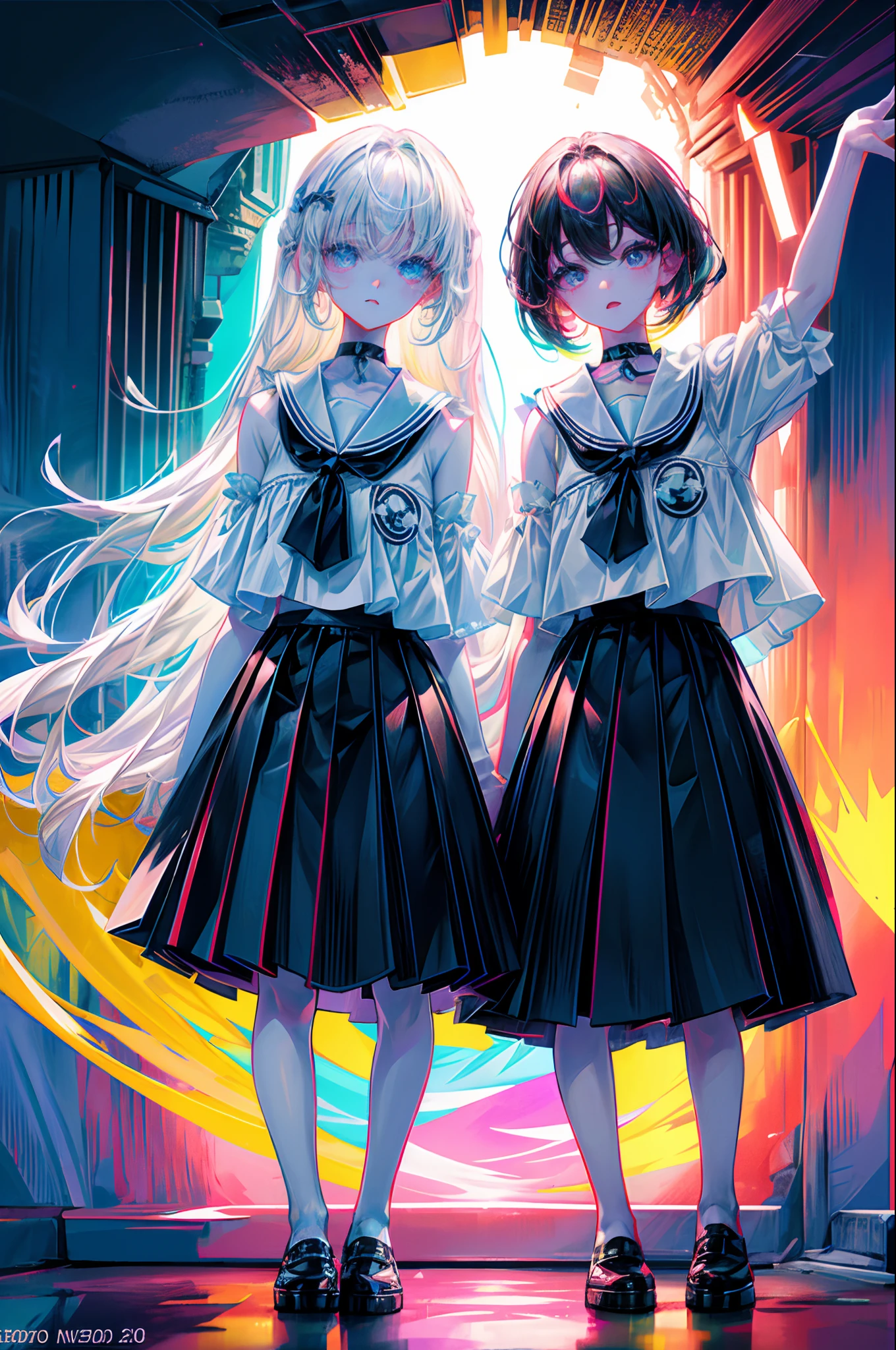 rainbows、Irridescent color、colourfull、top-quality、超A high resolution、(Photorealsitic:1.4)、Female 1 Person、Sleeveless white buttoned shirt、Black skirt、Black Choker、cute little、(Kpop Idle)、(attractiveness:1)、(Platinum Blonde Hair:1)、((Puffy eyes))、Look at the viewer、full body Esbian、Facing the front