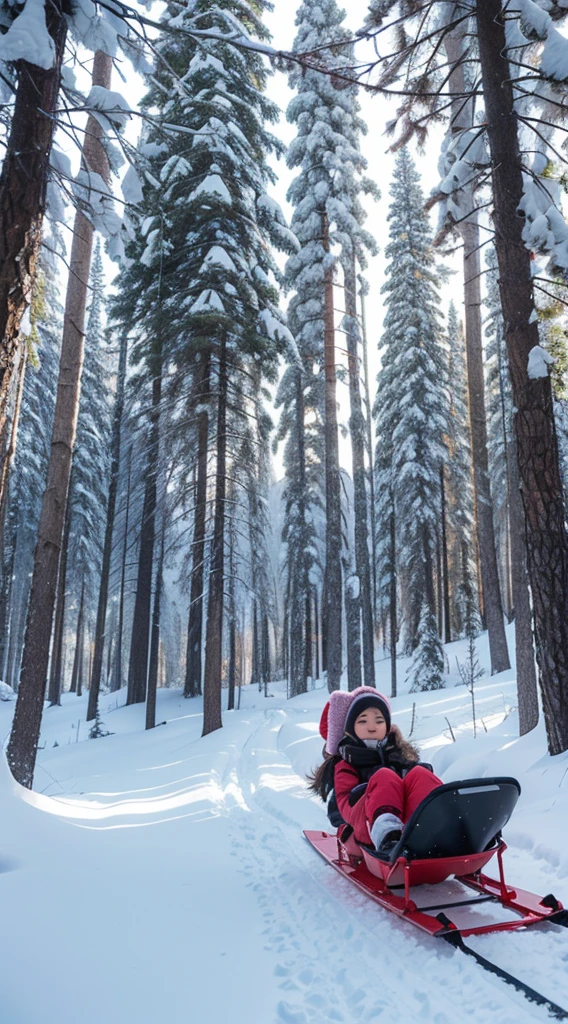 A girl is sliding on a snow sled, with a pine forest and snowy landscape in the background, and branches covered with ice flowers.