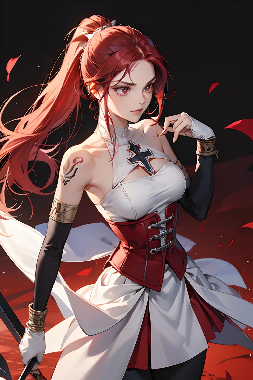 erza scarlet, half silver color steel breast plate with a cross pattern, bright red pupil, super mini battle skirt, holding giant silver boardsword, high pony tail, perfect body shape, 16k, sharp angel aura, steel hand glove, holy tattoo, long silk leggings, scarlet red color hair,silver color stylish pauldrons, 4k wallpaper quality, silver color bracelet, armlet